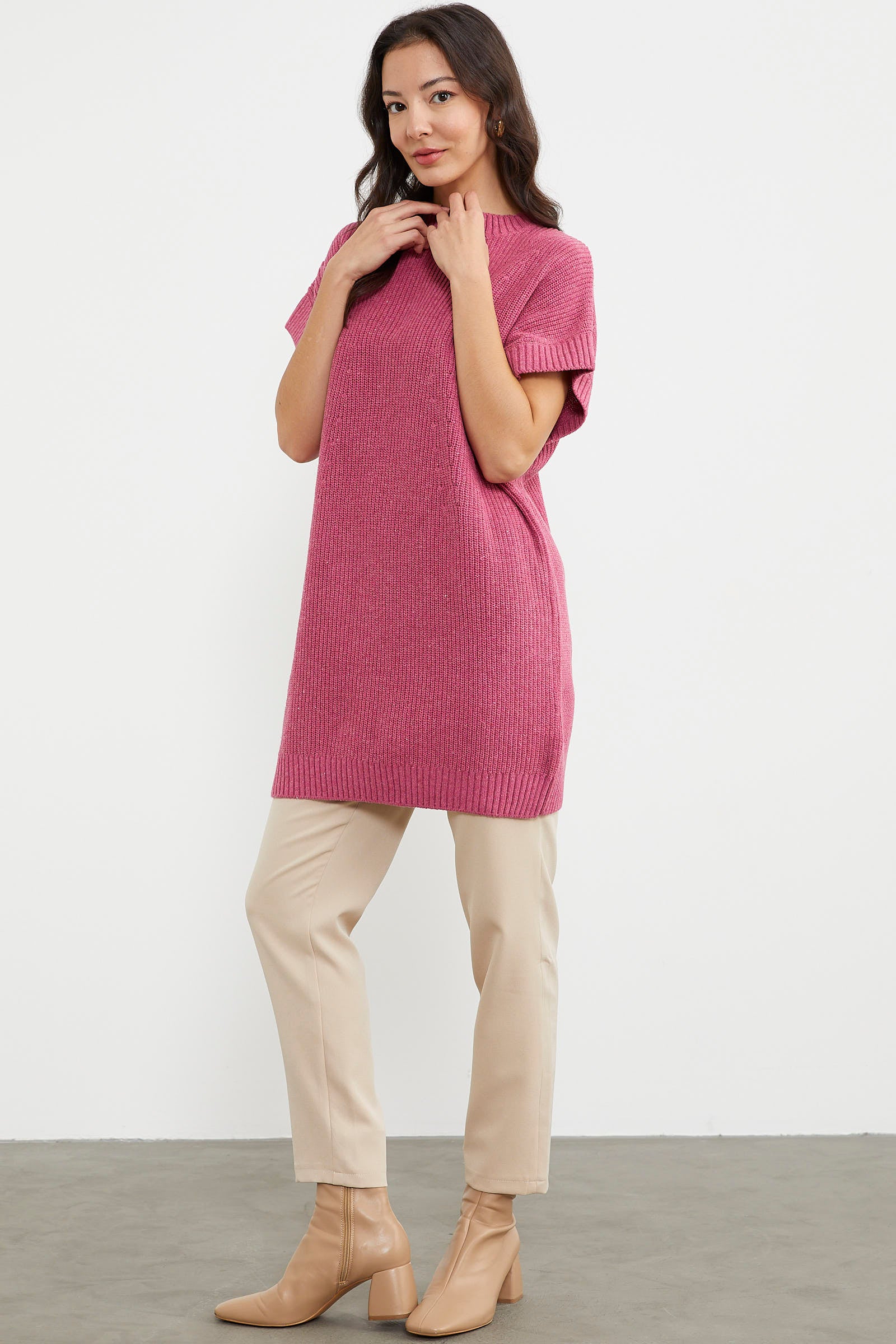 Dik Yaka Uzun Triko Süveter - Gül (2) Sementa