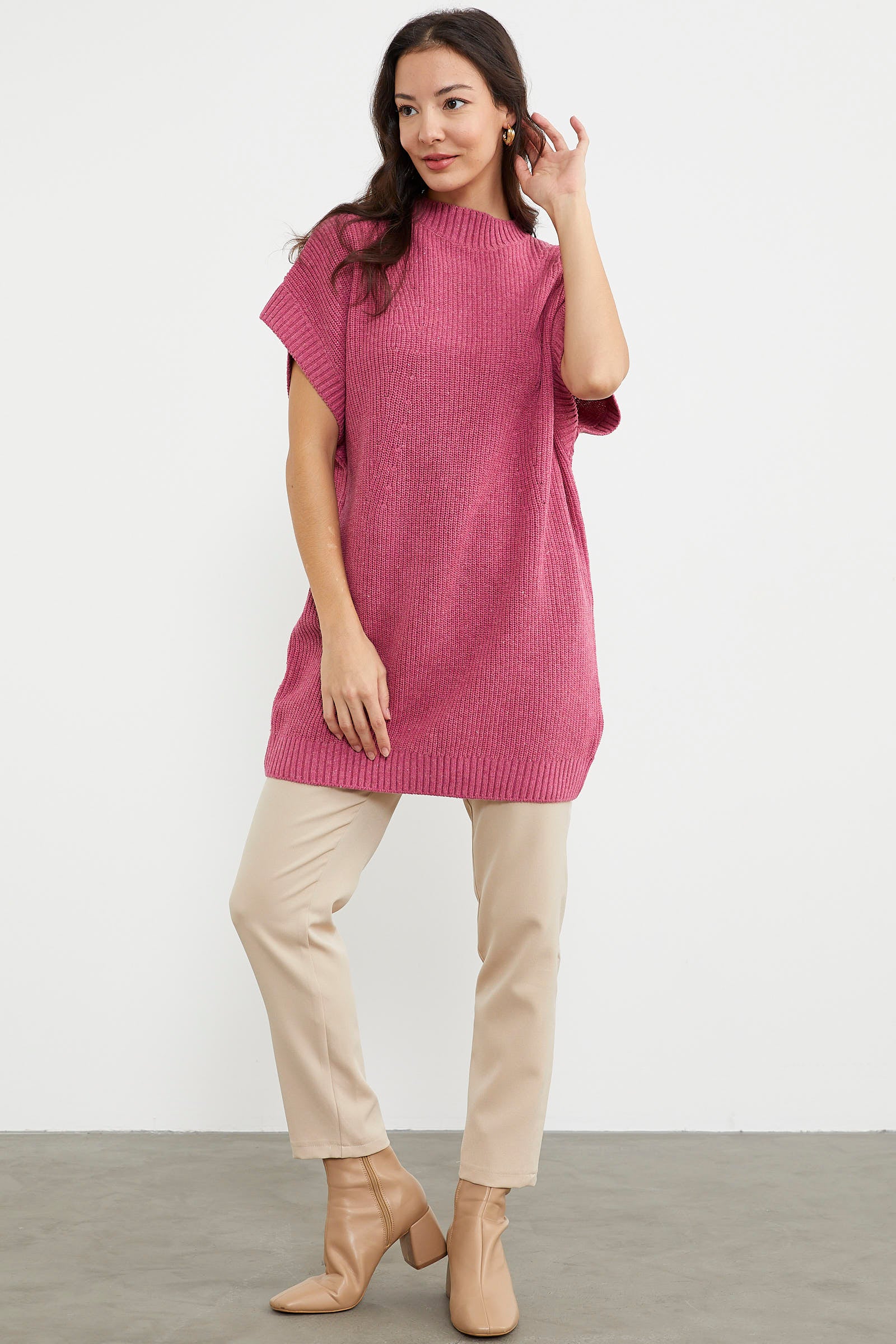 Dik Yaka Uzun Triko Süveter - Gül (3) Sementa