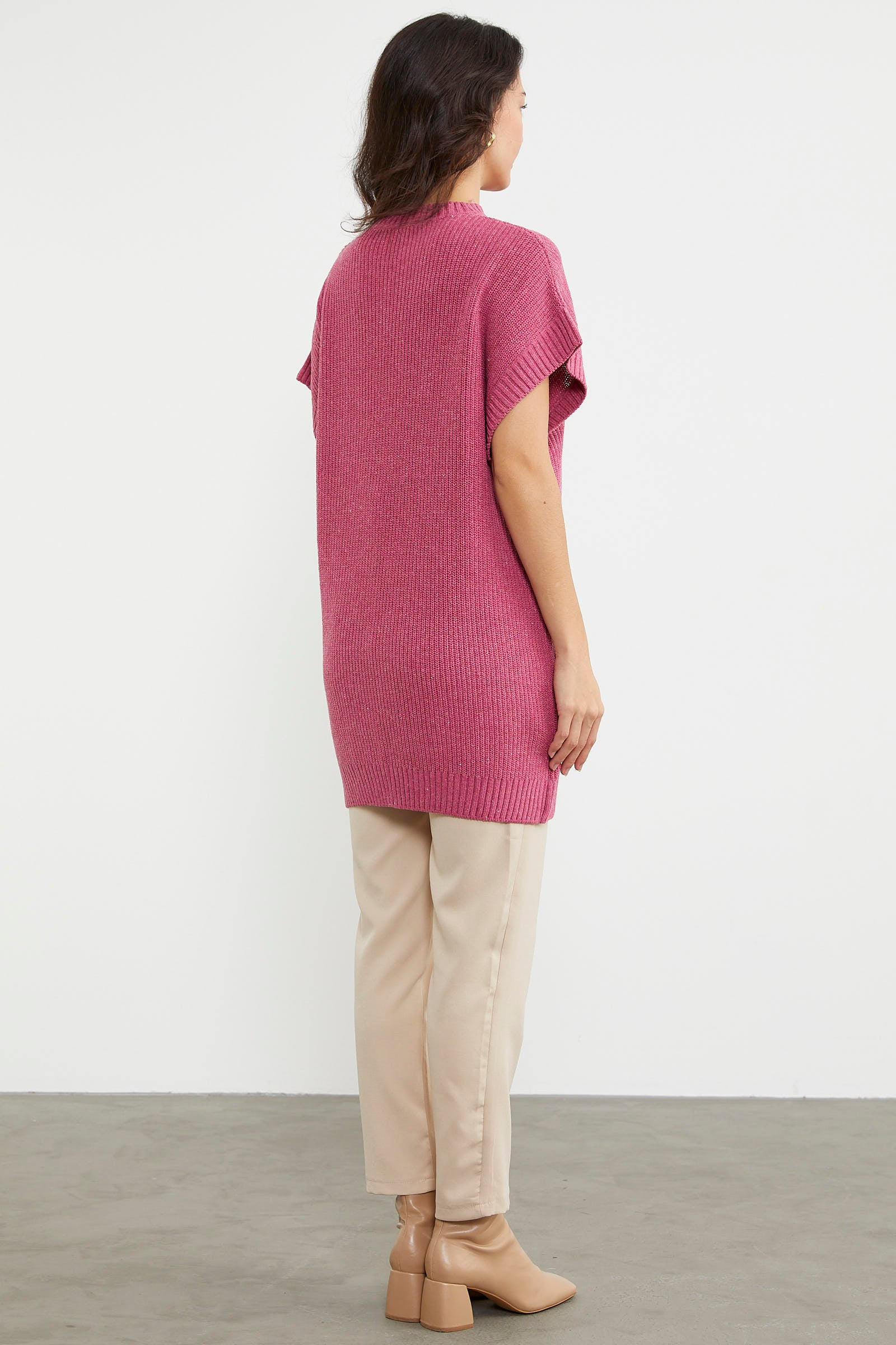 Dik Yaka Uzun Triko Süveter - Gül (7) Sementa