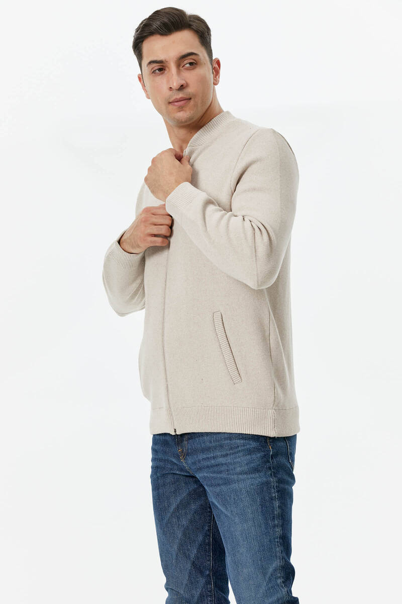 Dik Yaka Fermuarlı Cepli Triko Hırka - Açık Bej (3) Sementa