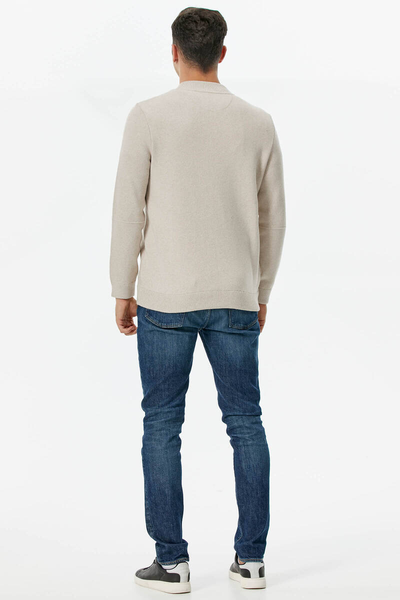 Dik Yaka Fermuarlı Cepli Triko Hırka - Açık Bej (4) Sementa