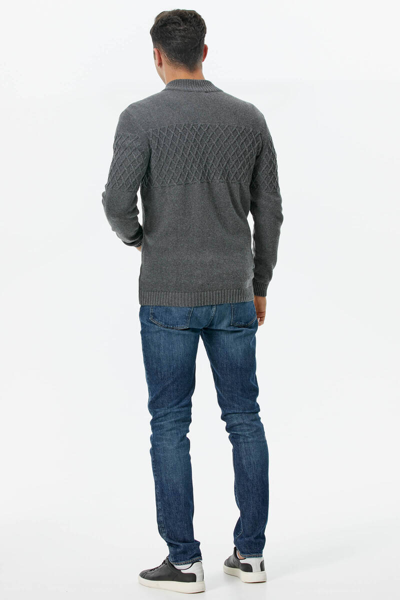 Dik Yaka Fermuarlı Cepli Triko Hırka - Koyu Gri (4) Sementa