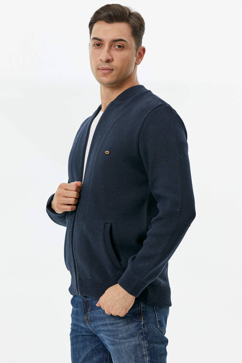 Dik Yaka Fermuarlı Cepli Triko Hırka - Lacivert (3) Sementa