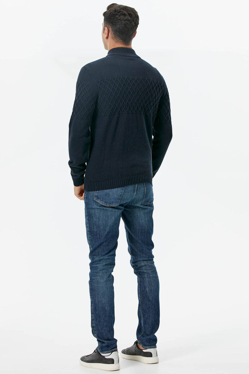 Dik Yaka Fermuarlı Cepli Triko Hırka - Lacivert (4) Sementa