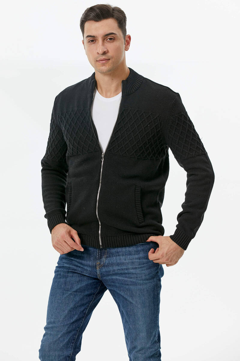 Dik Yaka Fermuarlı Cepli Triko Hırka - Siyah (2) Sementa