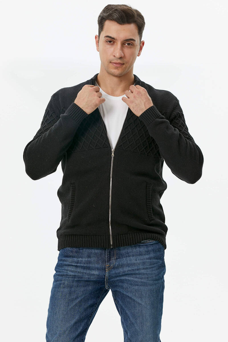 Dik Yaka Fermuarlı Cepli Triko Hırka - Siyah (3) Sementa