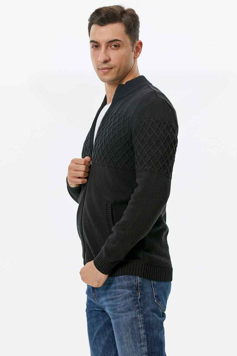 Dik Yaka Fermuarlı Cepli Triko Hırka - Siyah (4) Sementa