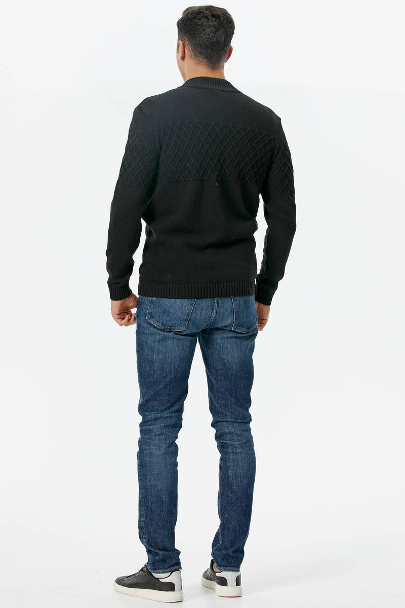 Dik Yaka Fermuarlı Cepli Triko Hırka - Siyah (5) Sementa