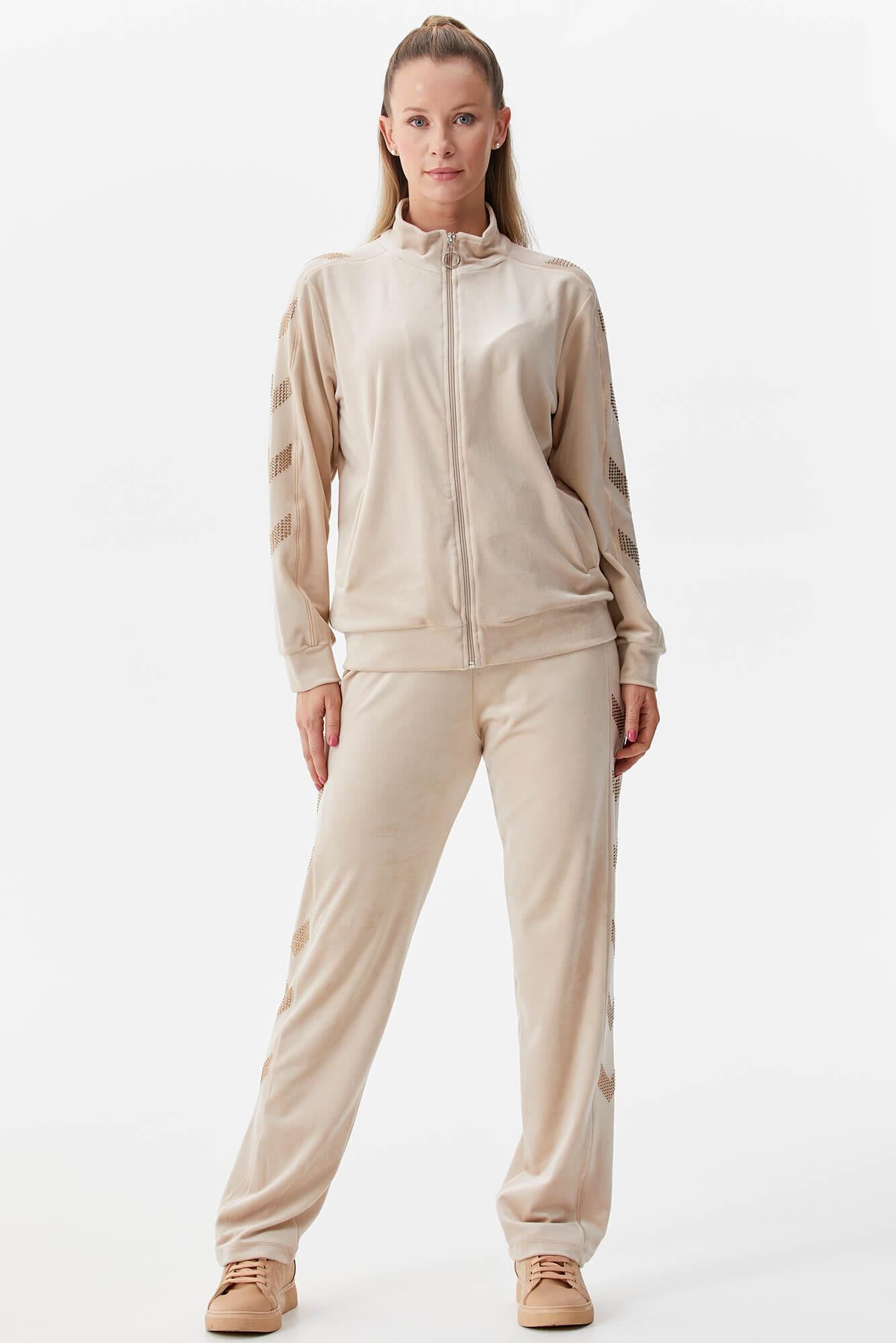 Dik Yaka Fermuarlı Kadife Eşofman Takım - Bej (1) Sementa