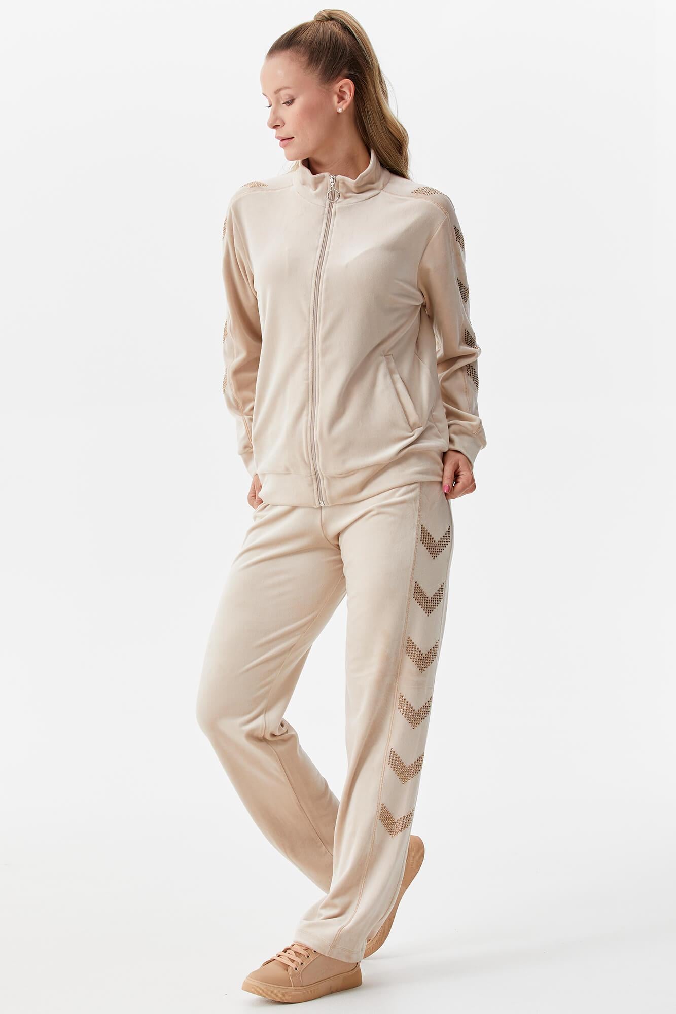 Dik Yaka Fermuarlı Kadife Eşofman Takım - Bej (2) Sementa