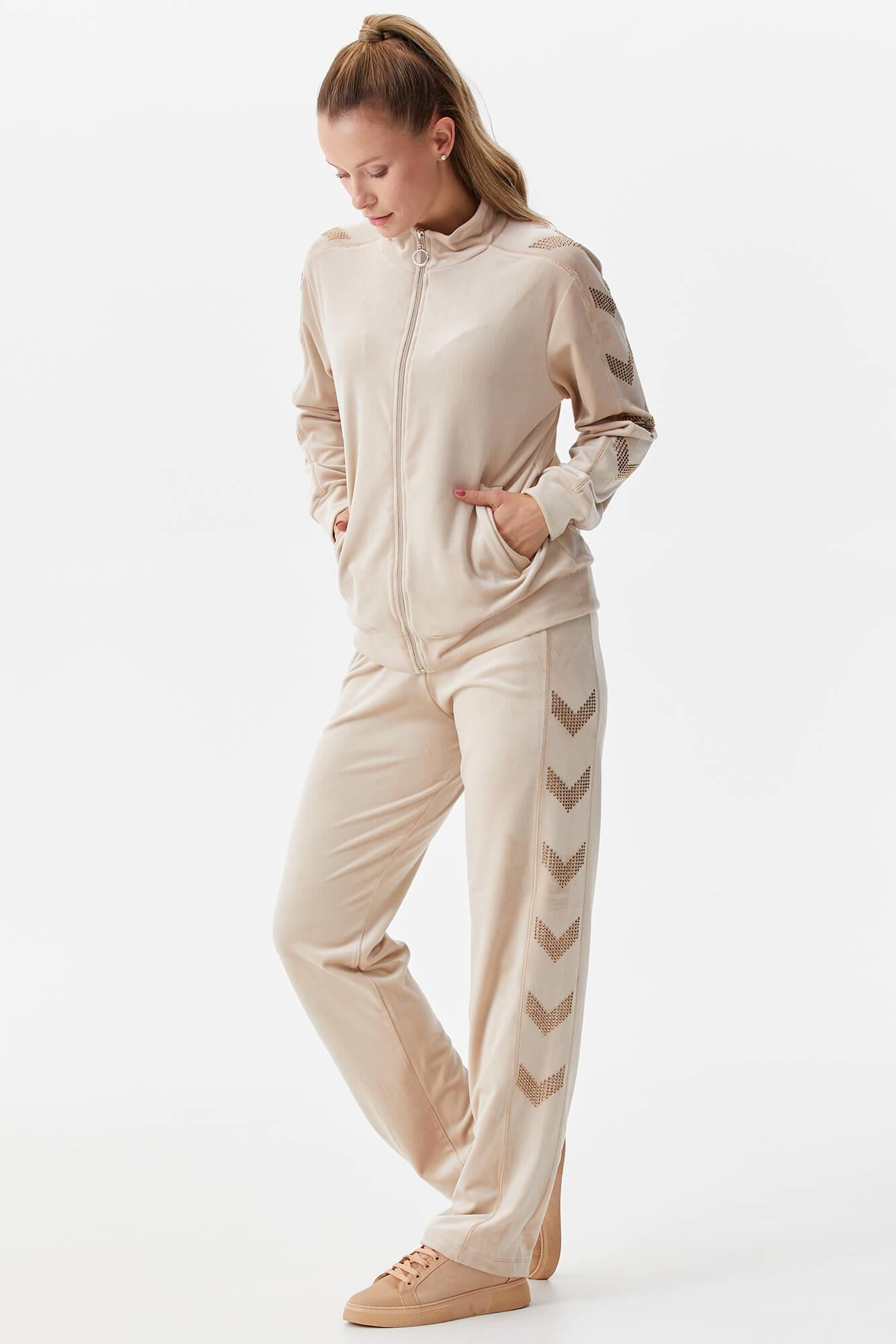 Dik Yaka Fermuarlı Kadife Eşofman Takım - Bej (3) Sementa