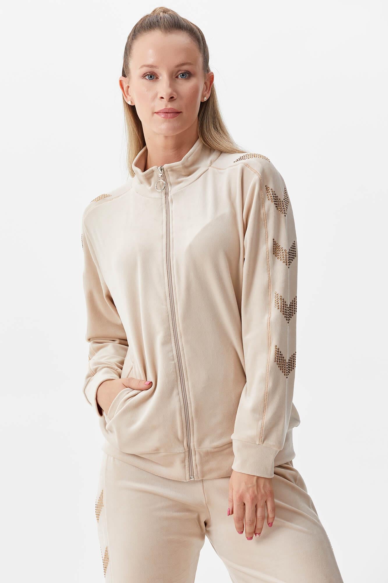 Dik Yaka Fermuarlı Kadife Eşofman Takım - Bej (4) Sementa