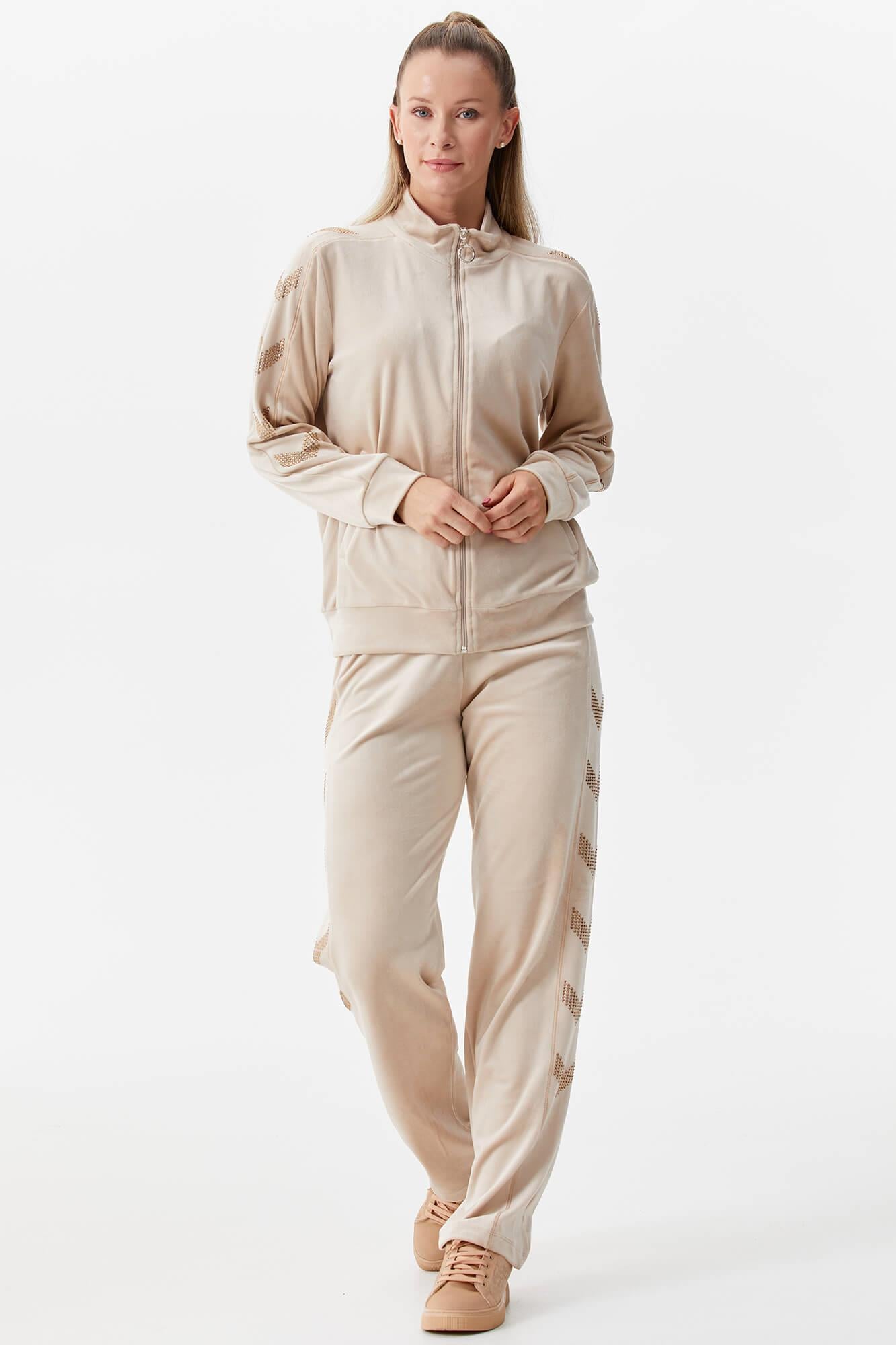 Dik Yaka Fermuarlı Kadife Eşofman Takım - Bej (5) Sementa