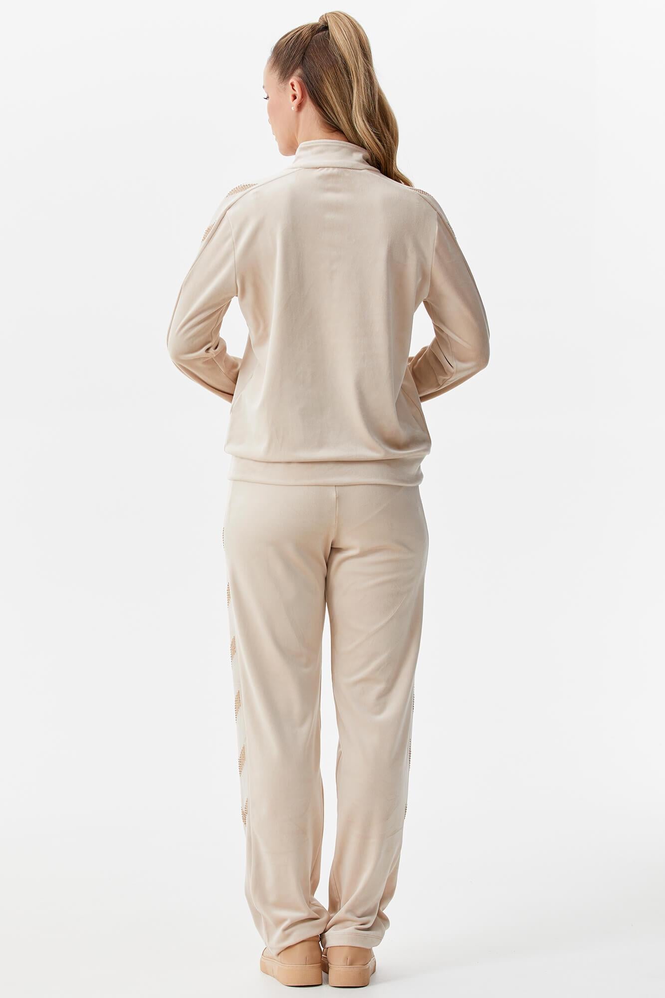 Dik Yaka Fermuarlı Kadife Eşofman Takım - Bej (6) Sementa