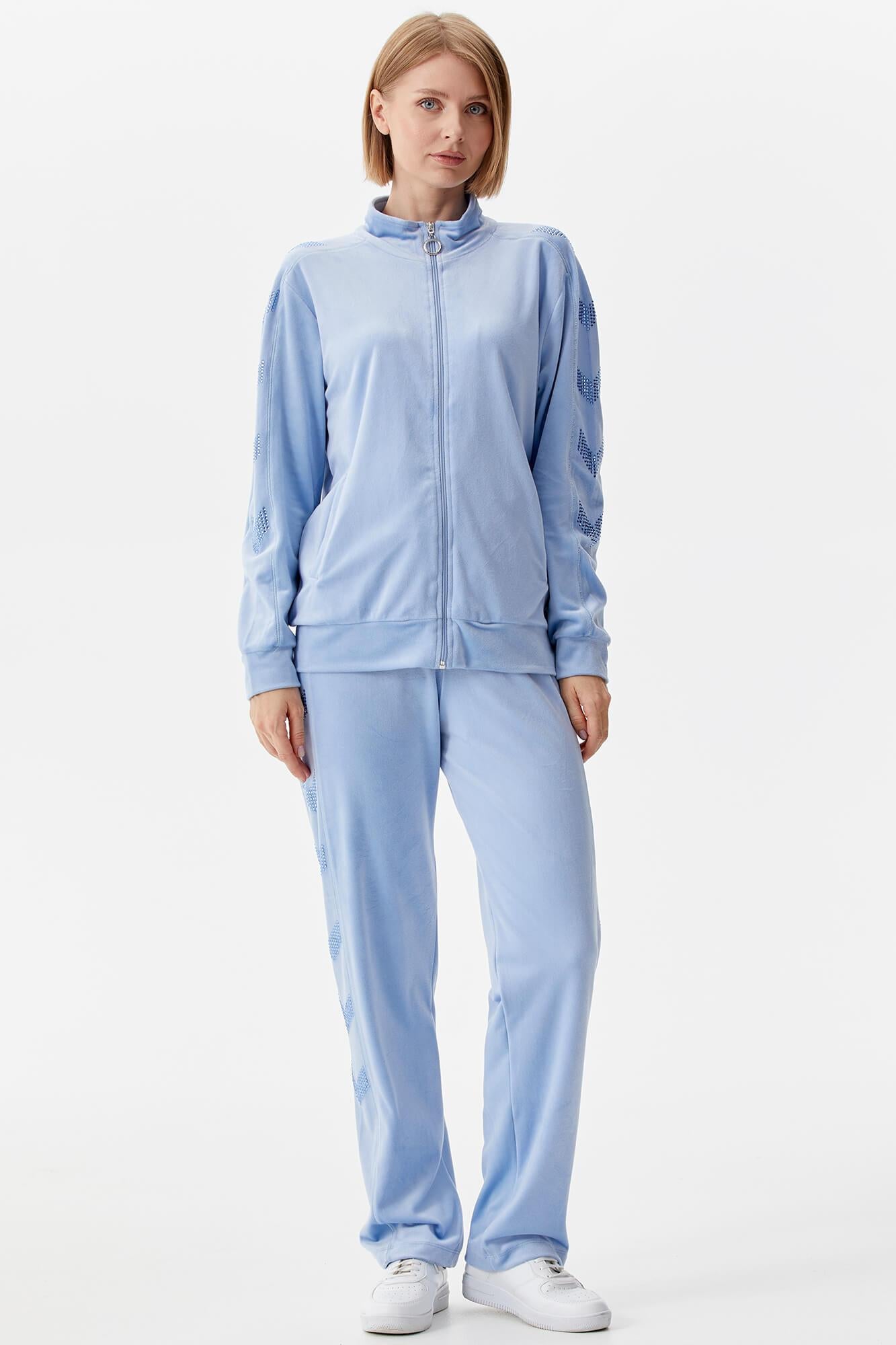 Dik Yaka Fermuarlı Kadife Eşofman Takım - Mavi (2) Sementa