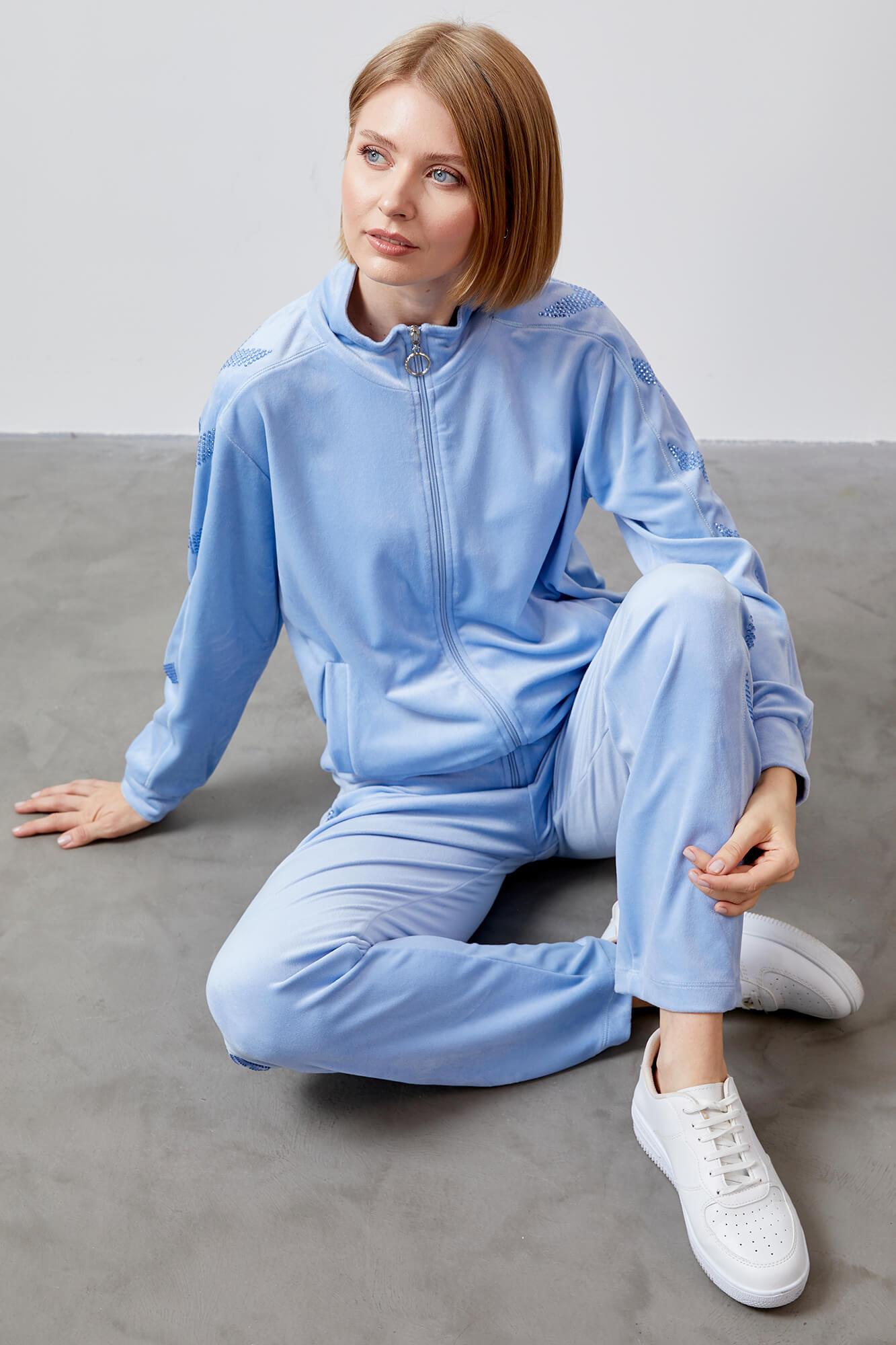 Dik Yaka Fermuarlı Kadife Eşofman Takım - Mavi (7) Sementa