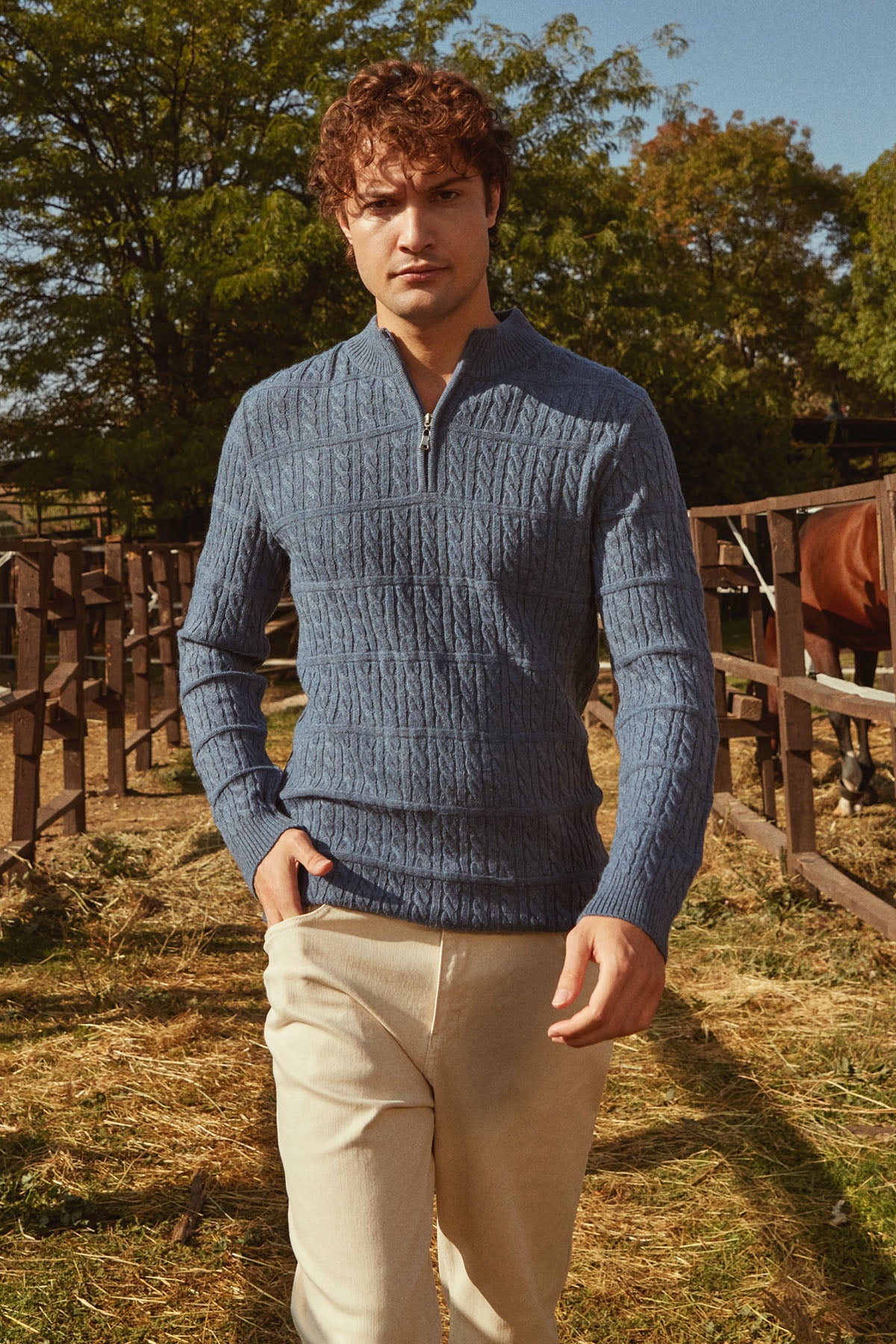 Dik Yaka Fermuarlı Saç Örgü Triko Kazak - Indigo (2) Sementa