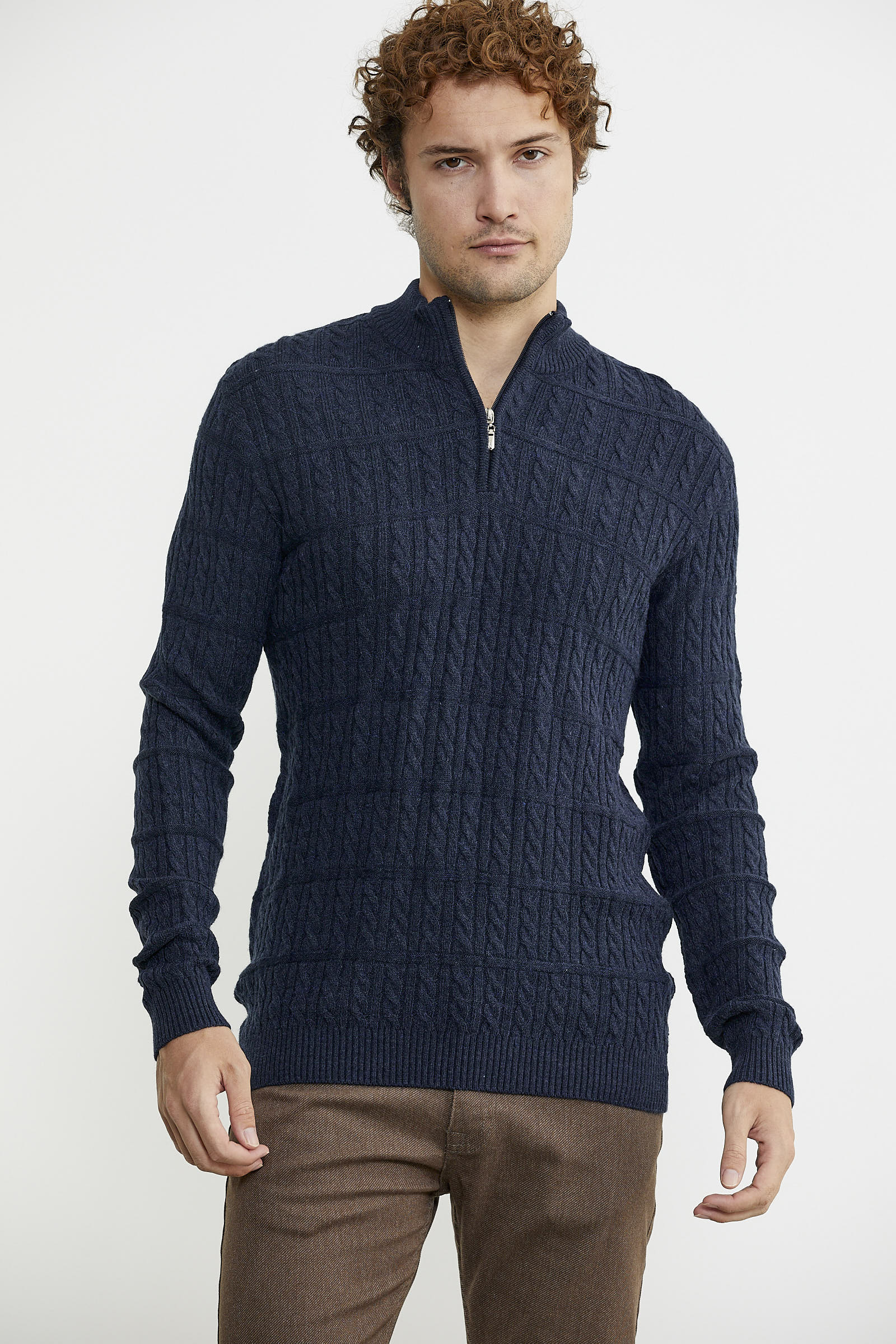 Dik Yaka Fermuarlı Saç Örgü Triko Kazak - Lacivert - Sementa