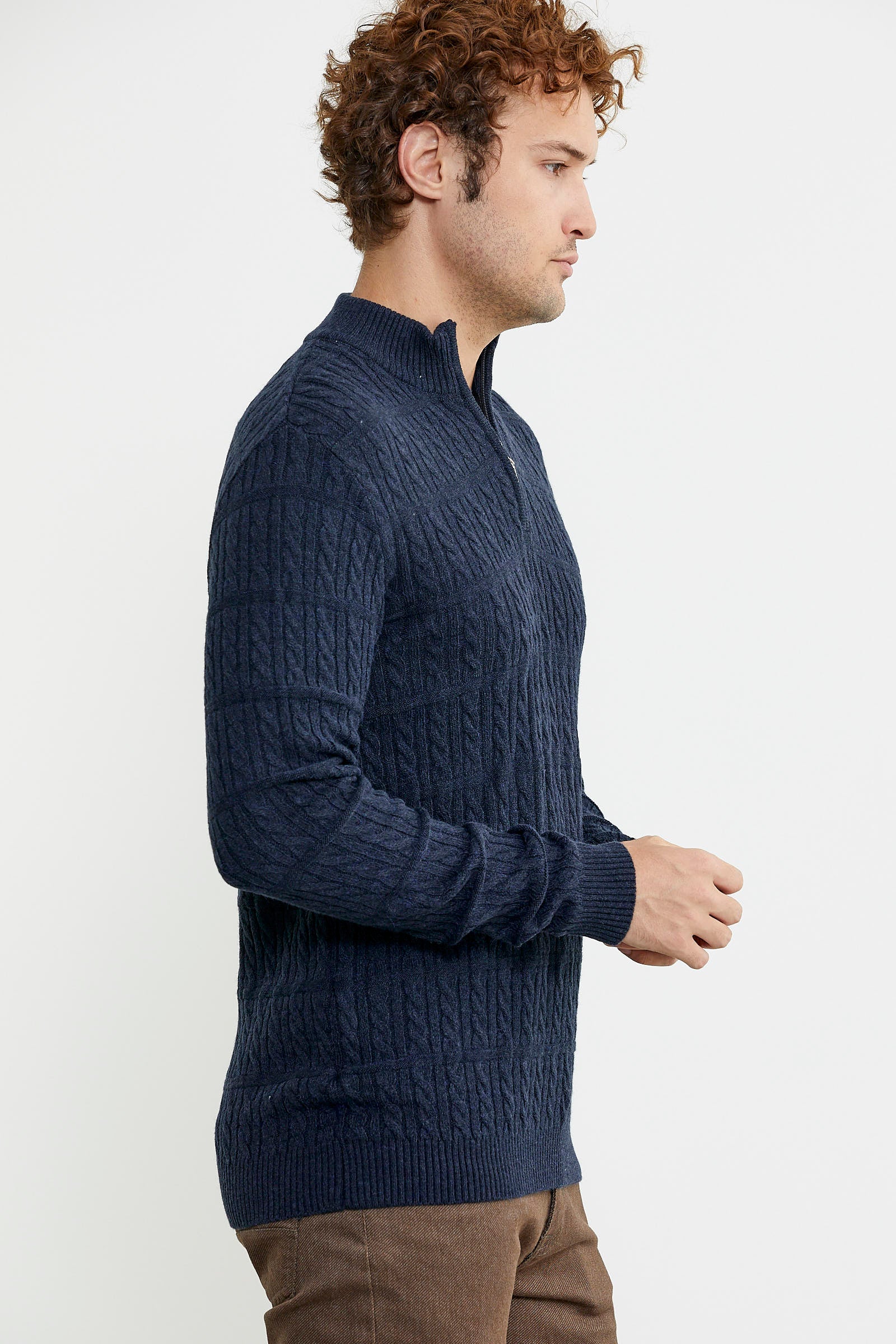 Dik Yaka Fermuarlı Saç Örgü Triko Kazak - Lacivert - Sementa