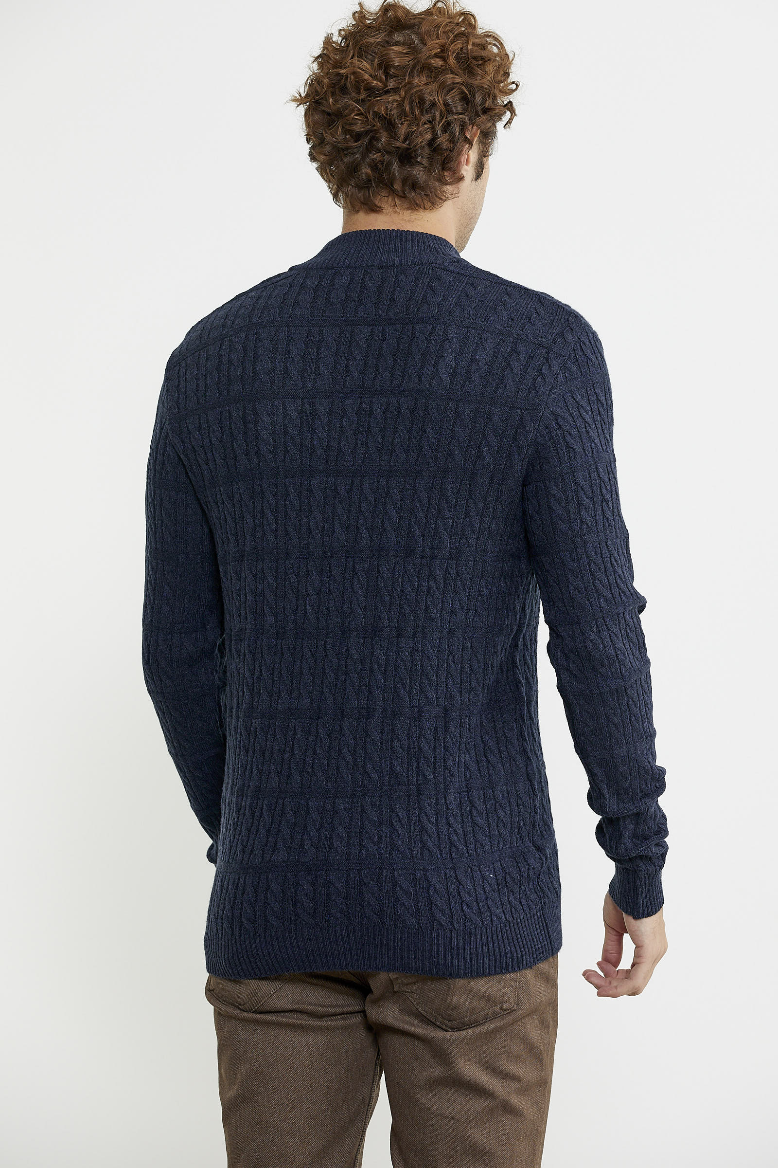 Dik Yaka Fermuarlı Saç Örgü Triko Kazak - Lacivert - Sementa