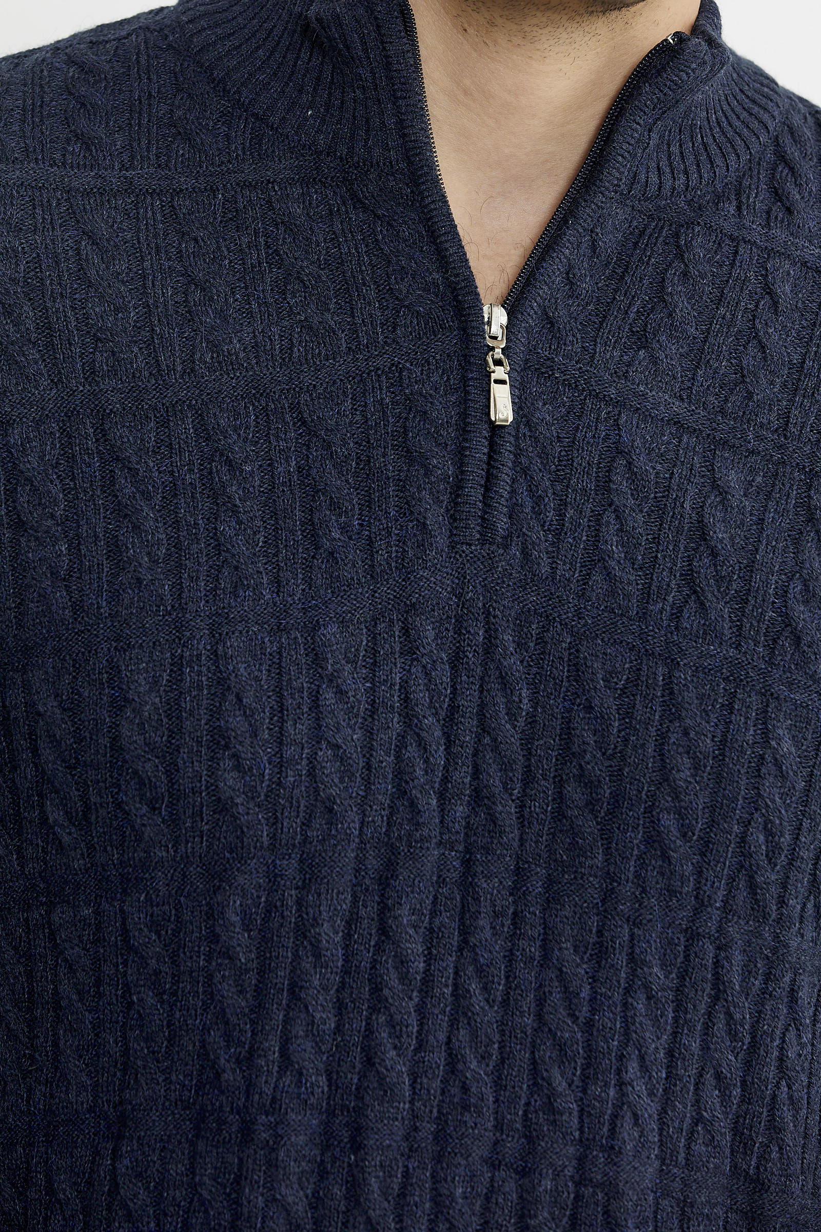 Dik Yaka Fermuarlı Saç Örgü Triko Kazak - Lacivert - Sementa