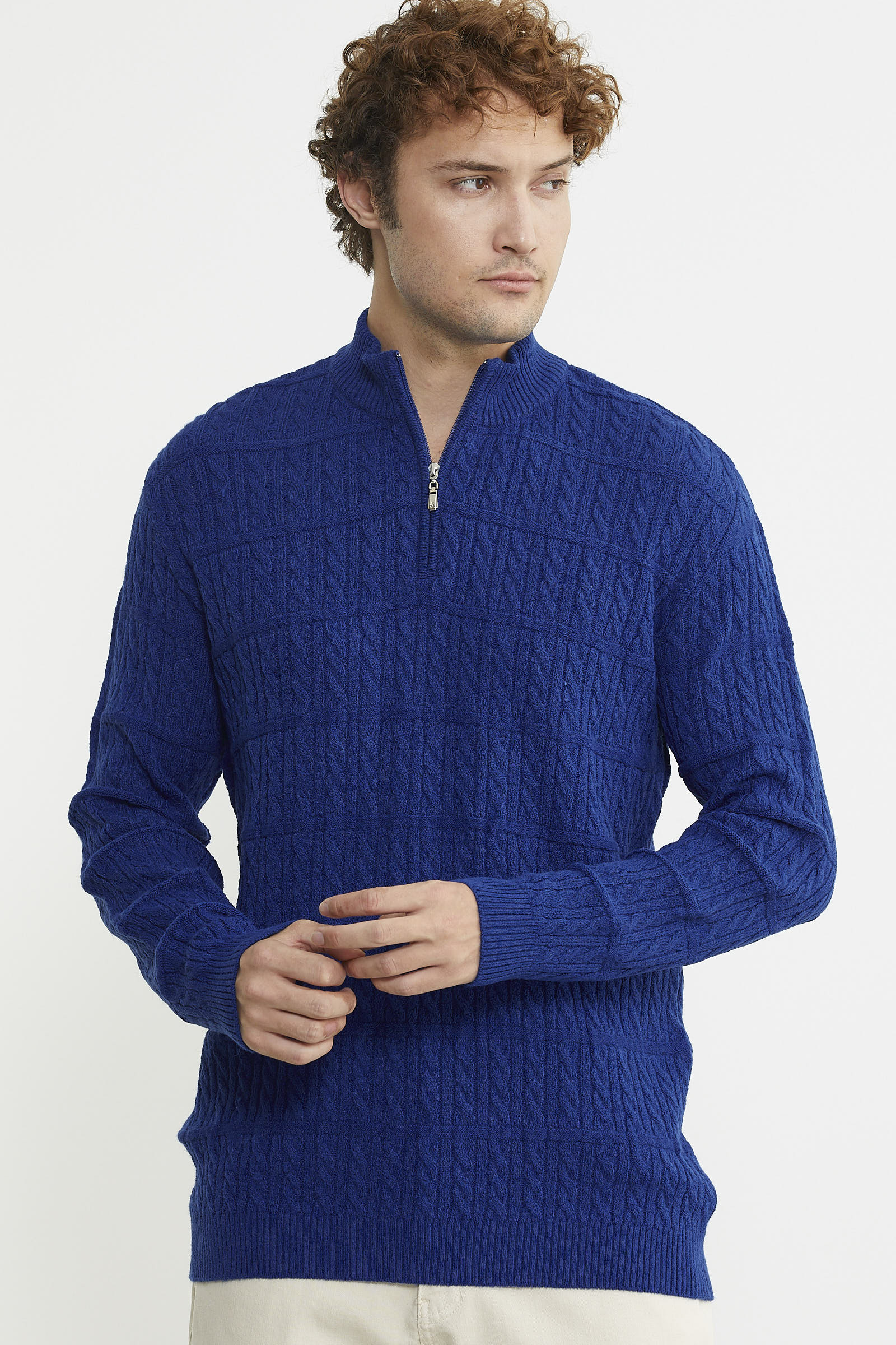 Dik Yaka Fermuarlı Saç Örgü Triko Kazak - Saks - Sementa