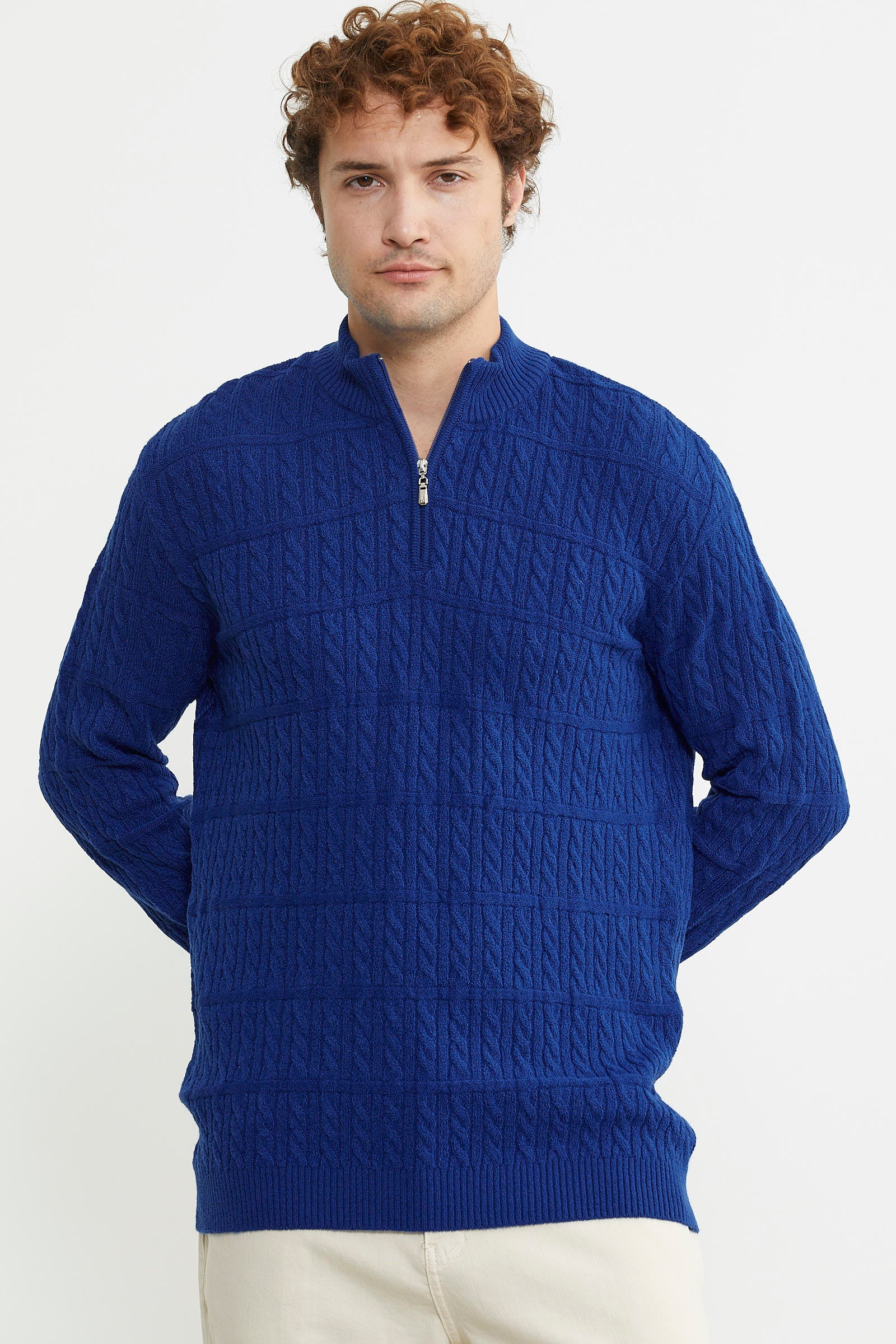 Dik Yaka Fermuarlı Saç Örgü Triko Kazak - Saks - Sementa