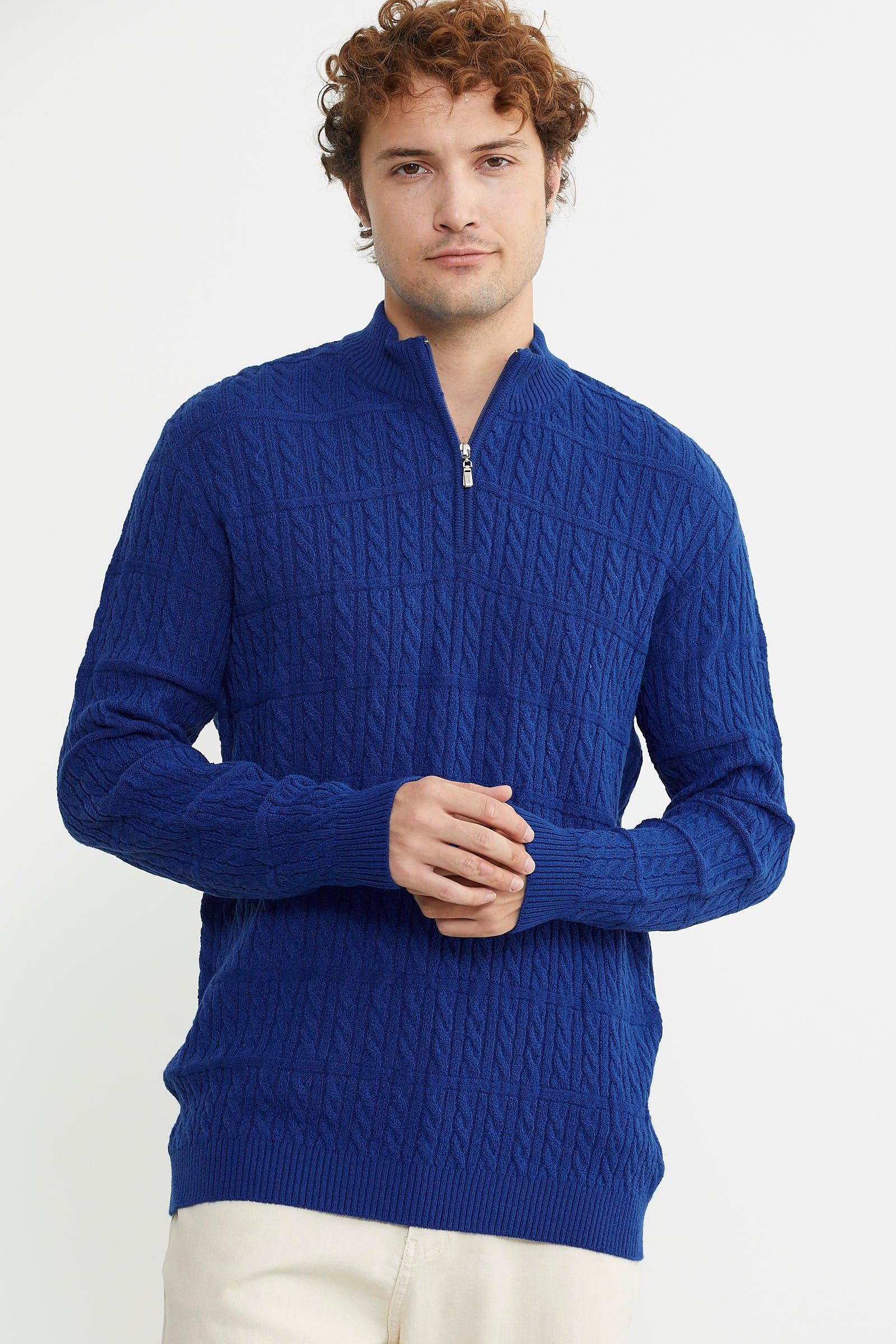 Dik Yaka Fermuarlı Saç Örgü Triko Kazak - Saks - Sementa