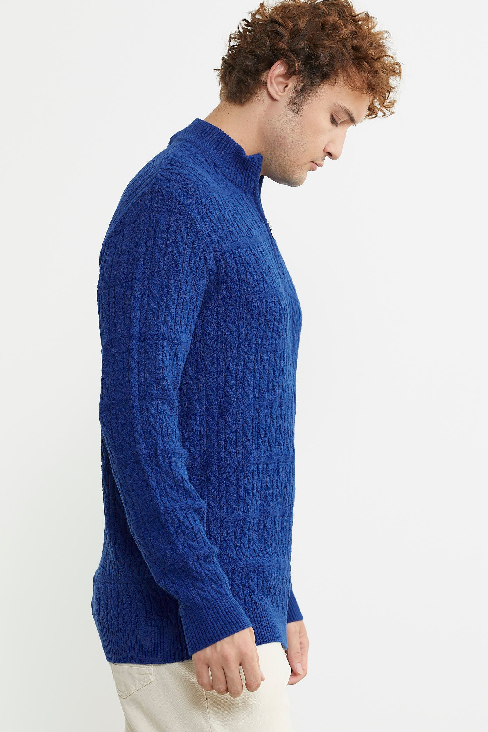 Dik Yaka Fermuarlı Saç Örgü Triko Kazak - Saks - Sementa