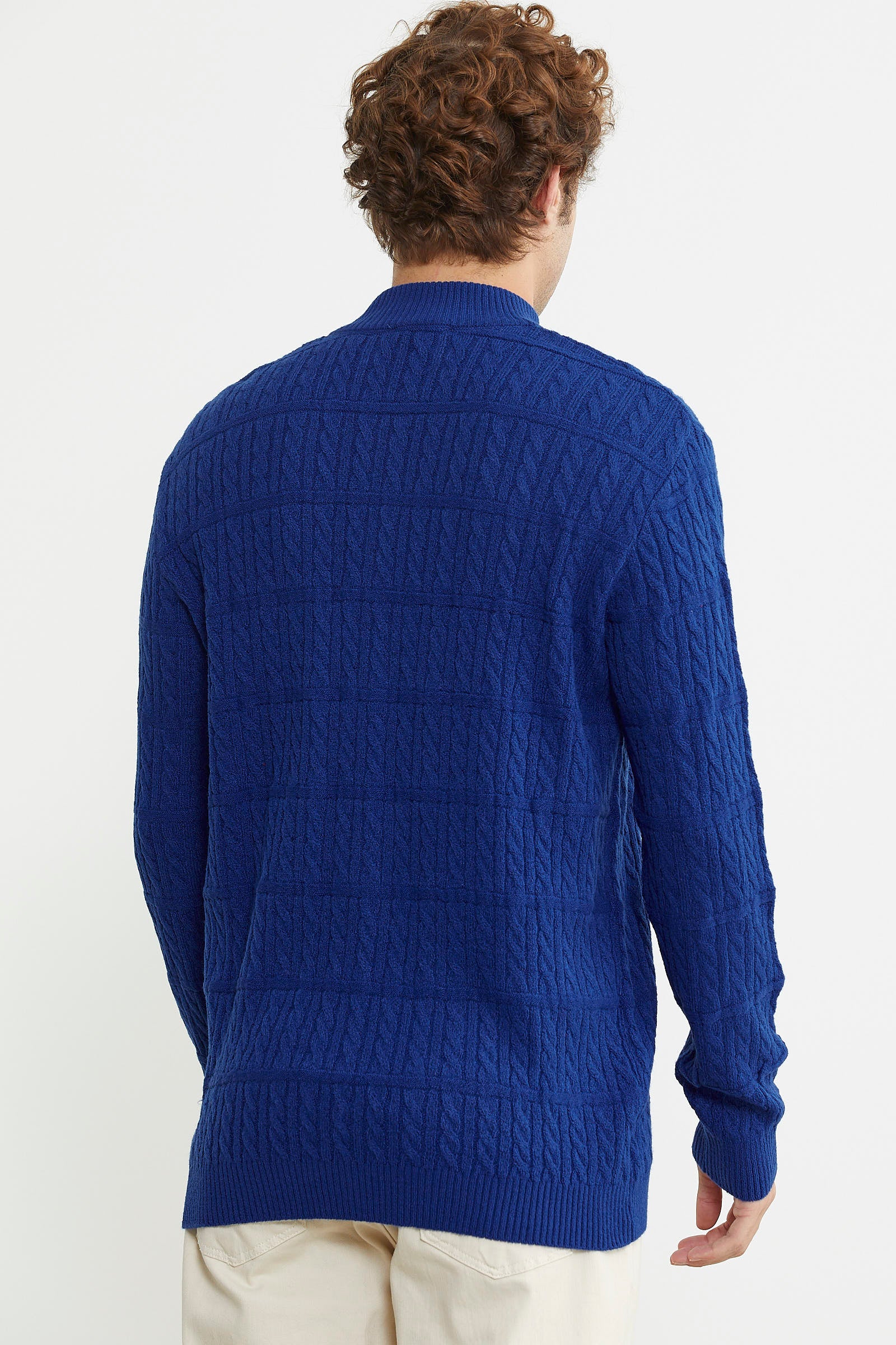 Dik Yaka Fermuarlı Saç Örgü Triko Kazak - Saks - Sementa