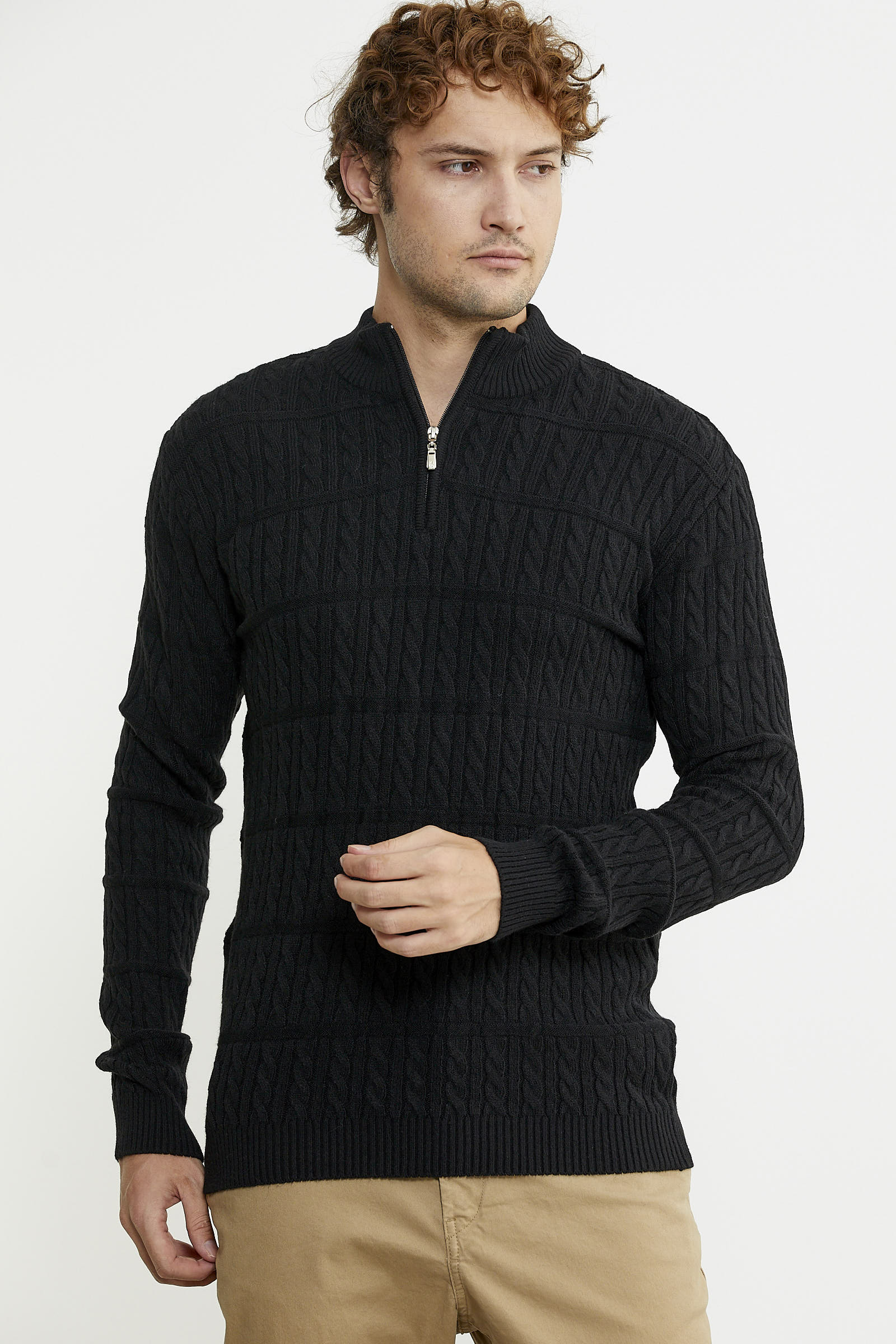 Dik Yaka Fermuarlı Saç Örgü Triko Kazak - Siyah - Sementa