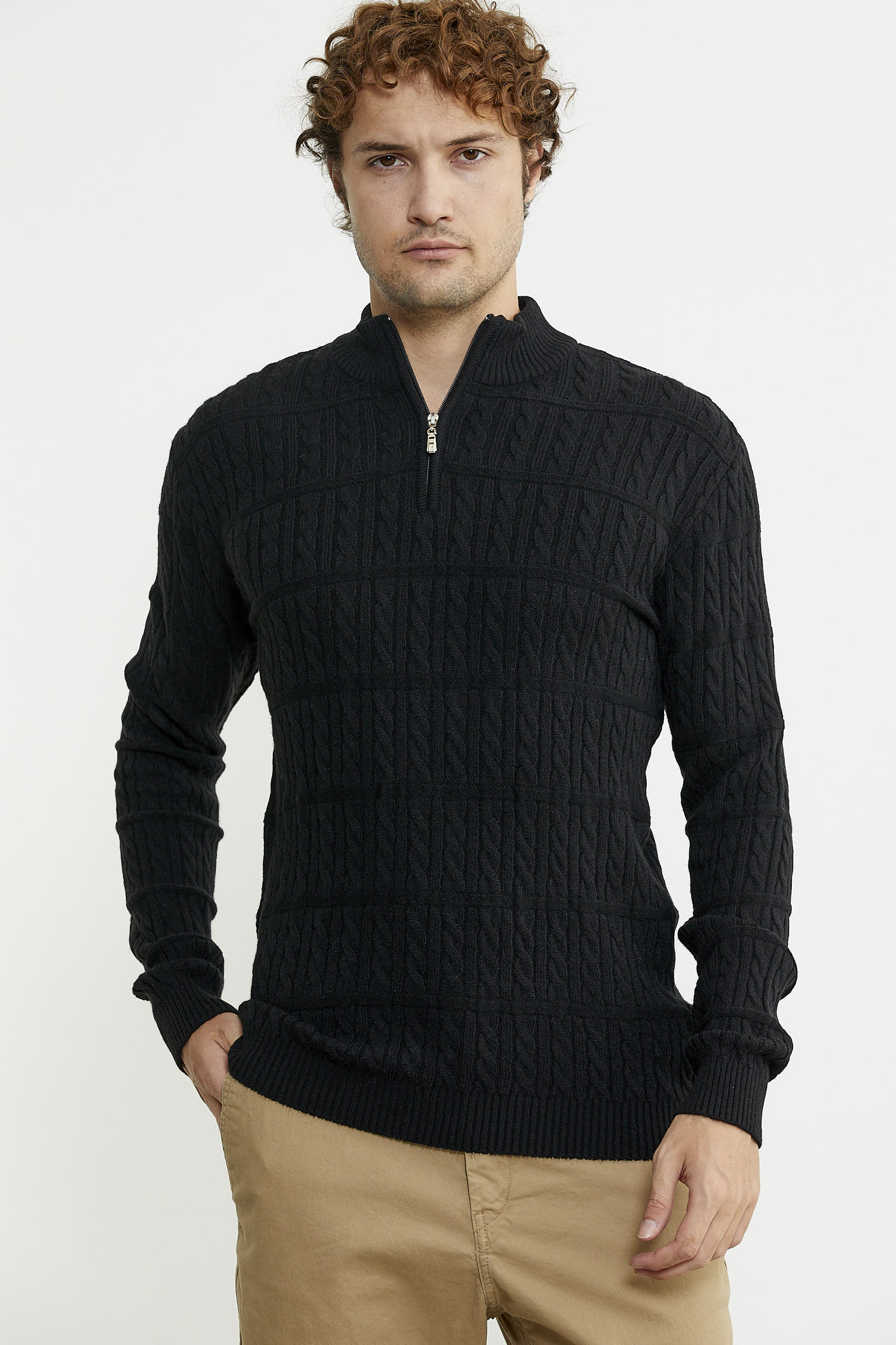 Dik Yaka Fermuarlı Saç Örgü Triko Kazak - Siyah - Sementa