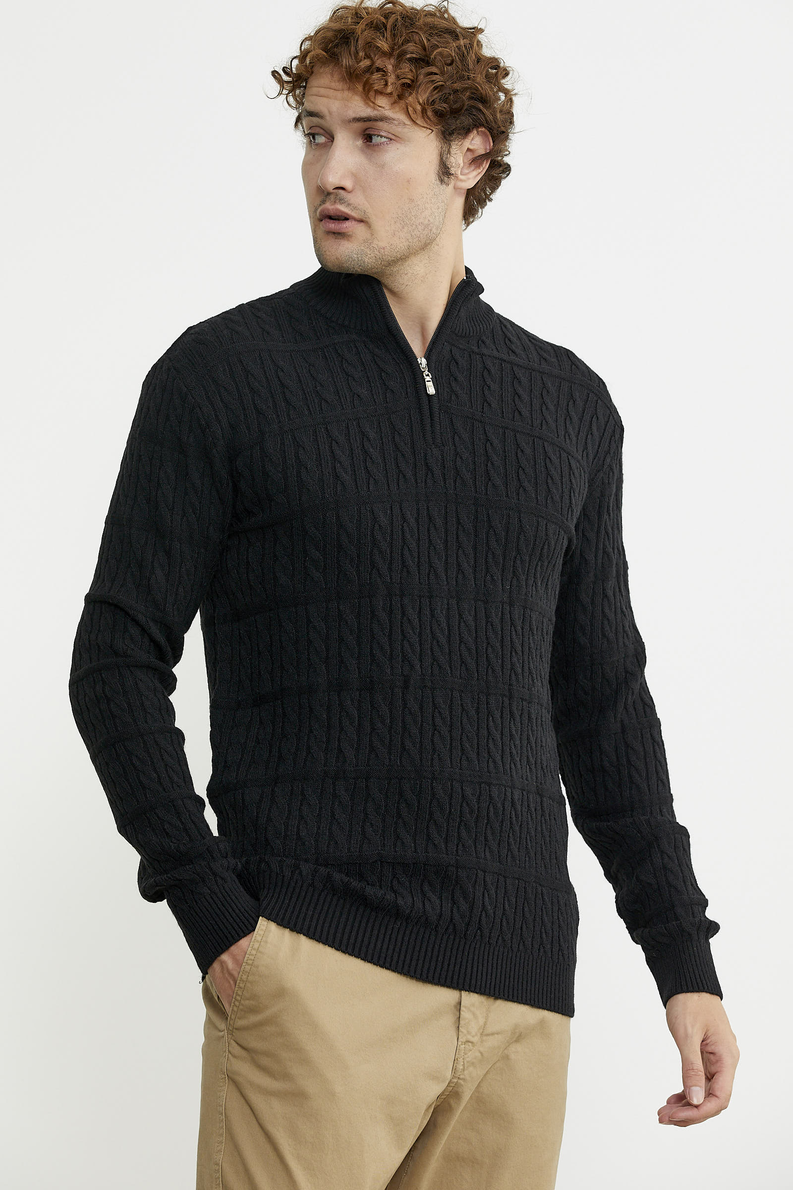 Dik Yaka Fermuarlı Saç Örgü Triko Kazak - Siyah - Sementa