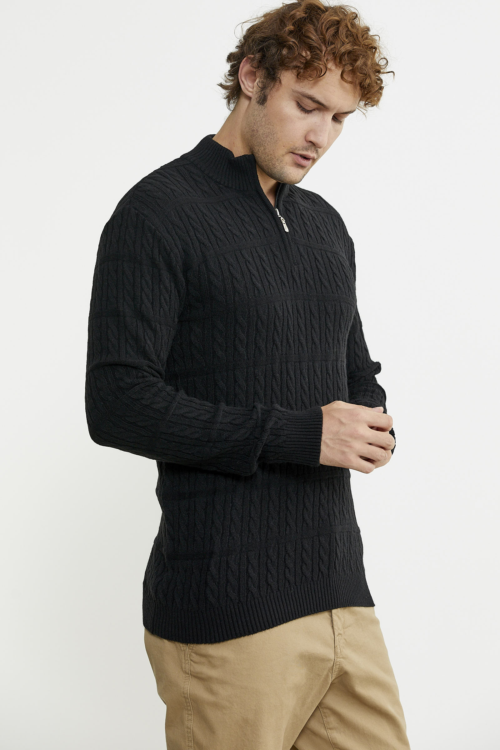 Dik Yaka Fermuarlı Saç Örgü Triko Kazak - Siyah - Sementa