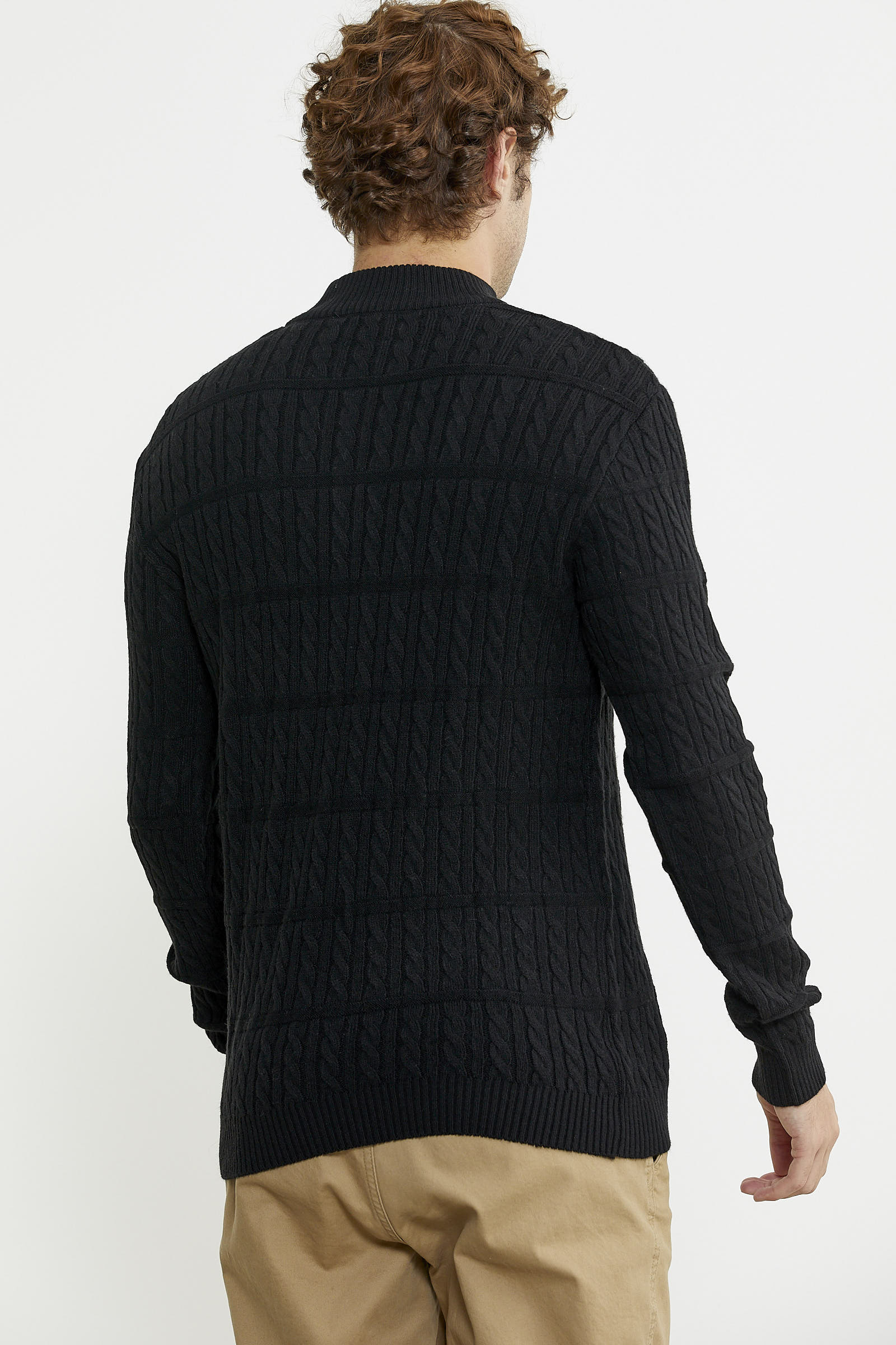 Dik Yaka Fermuarlı Saç Örgü Triko Kazak - Siyah - Sementa