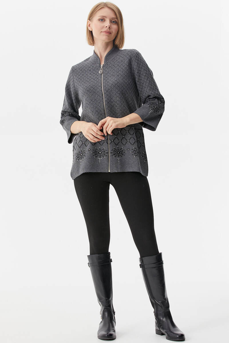 Dik Yaka Fermuarlı Taşlı Triko Hırka - Koyu Gri (1) Sementa