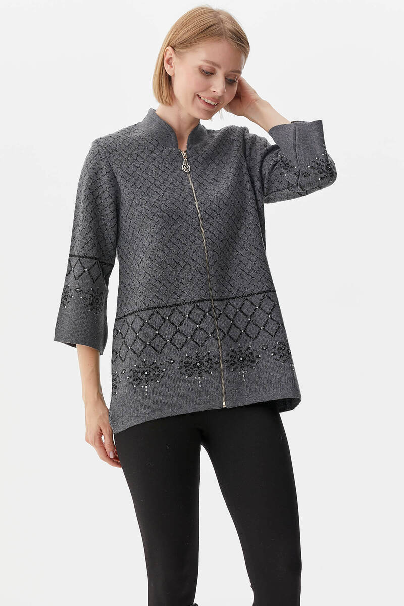 Dik Yaka Fermuarlı Taşlı Triko Hırka - Koyu Gri (2) Sementa