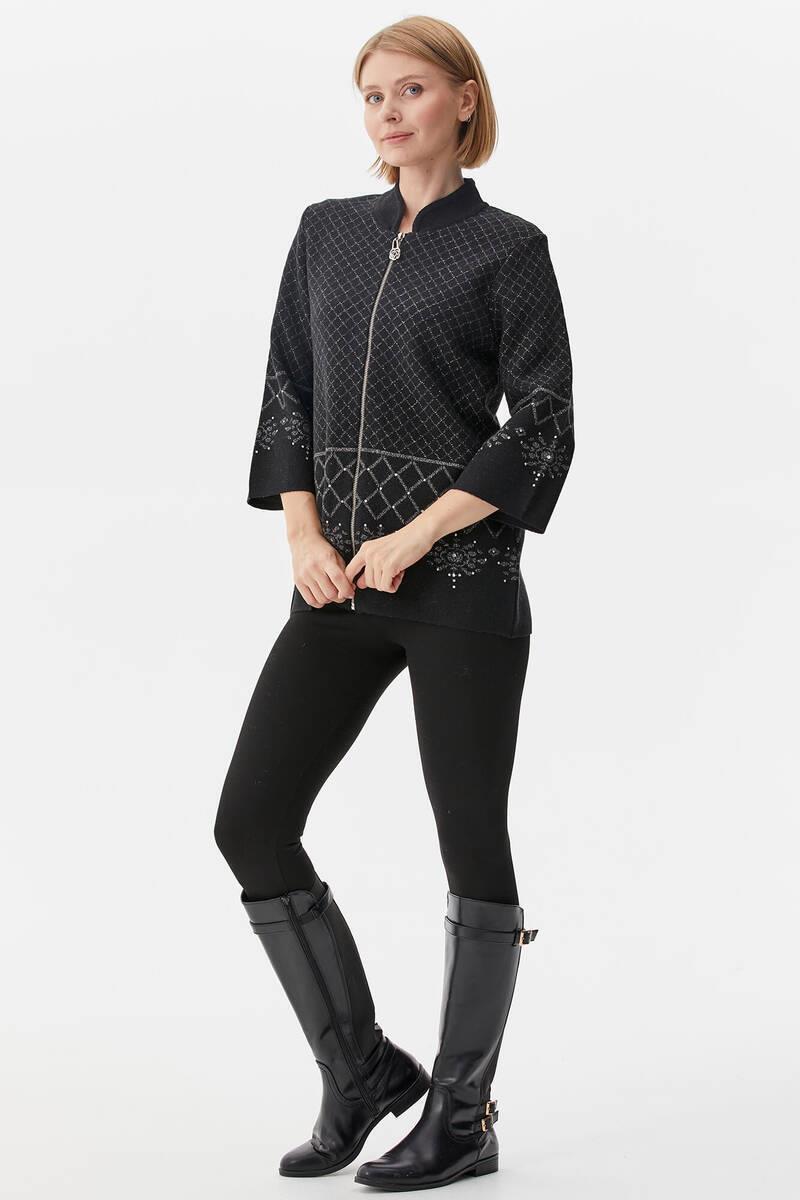 Dik Yaka Fermuarlı Taşlı Triko Hırka - Siyah (3) Sementa