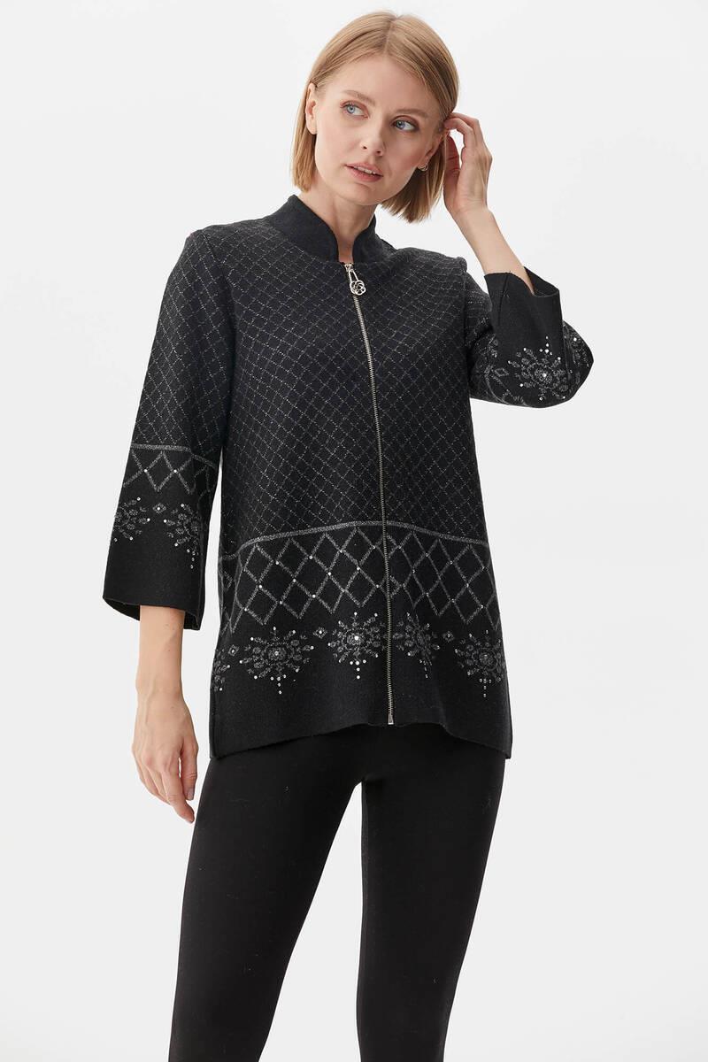 Dik Yaka Fermuarlı Taşlı Triko Hırka - Siyah (5) Sementa