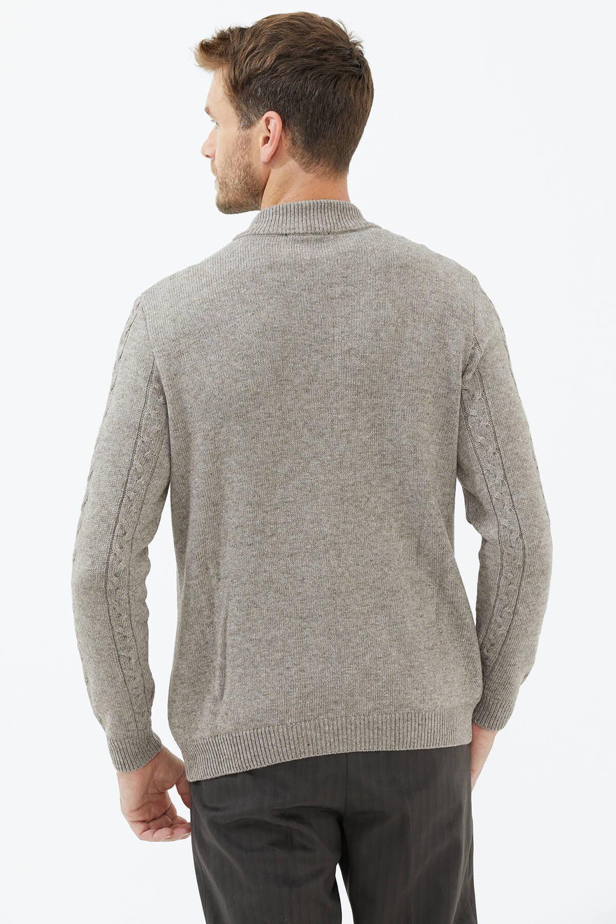 Dik Yaka Fermuarlı Triko Hırka - Bej (4) Sementa