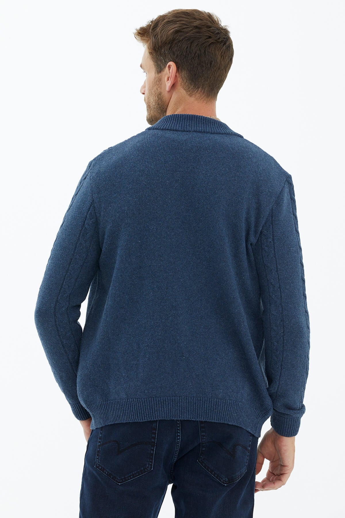 Dik Yaka Fermuarlı Triko Hırka - Indigo (4) Sementa