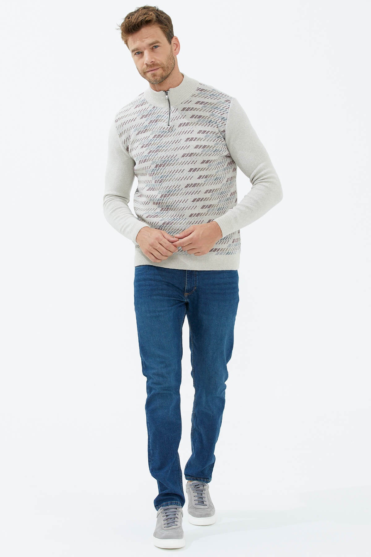 Dik Yaka Fermuarlı Triko Kazak - Bej (4) Sementa