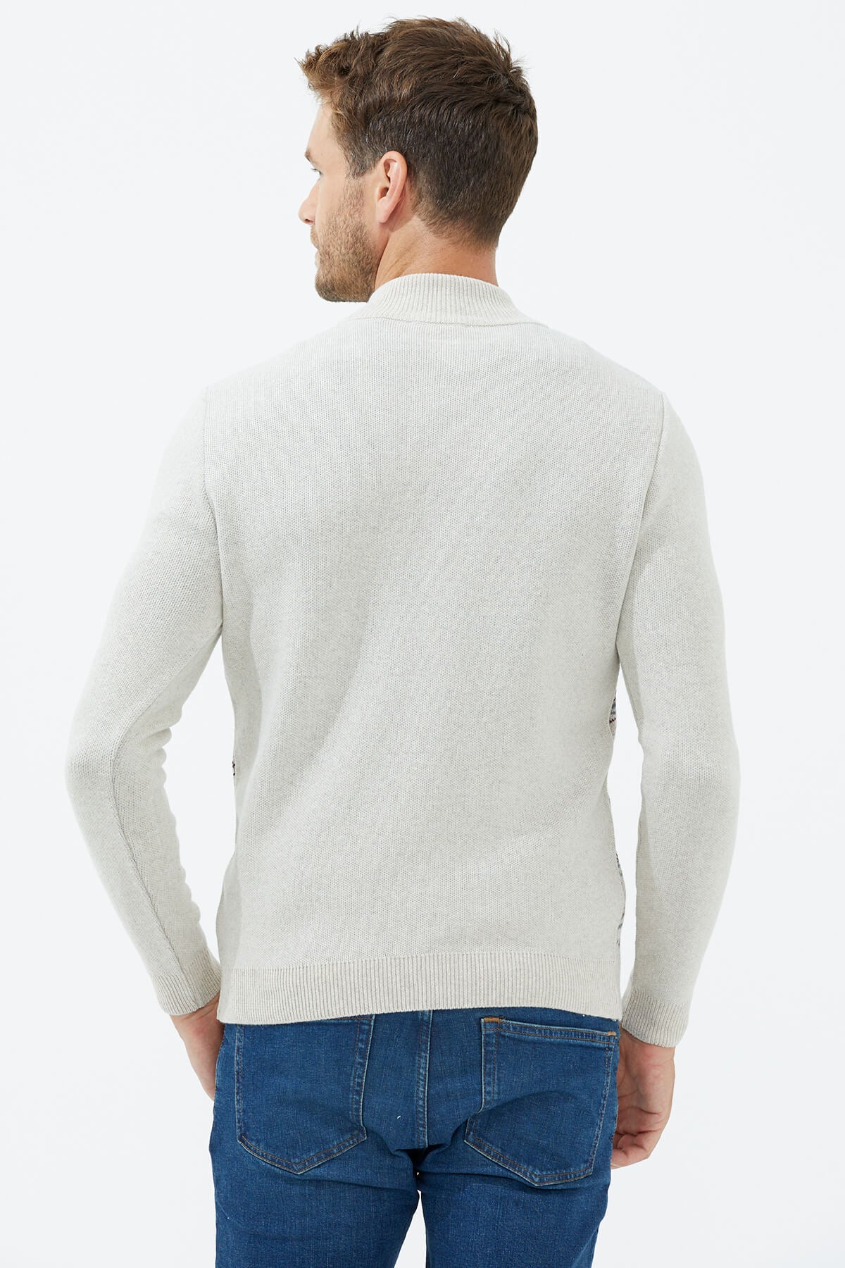 Dik Yaka Fermuarlı Triko Kazak - Bej (5) Sementa