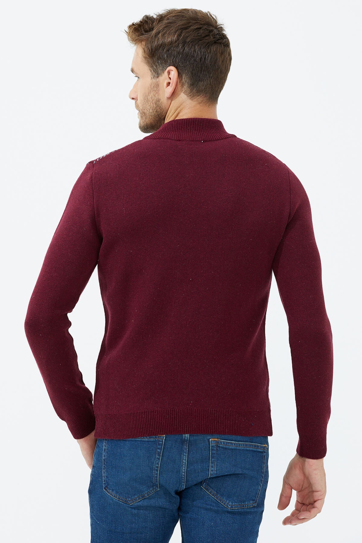 Dik Yaka Fermuarlı Triko Kazak - Bordo (4) Sementa