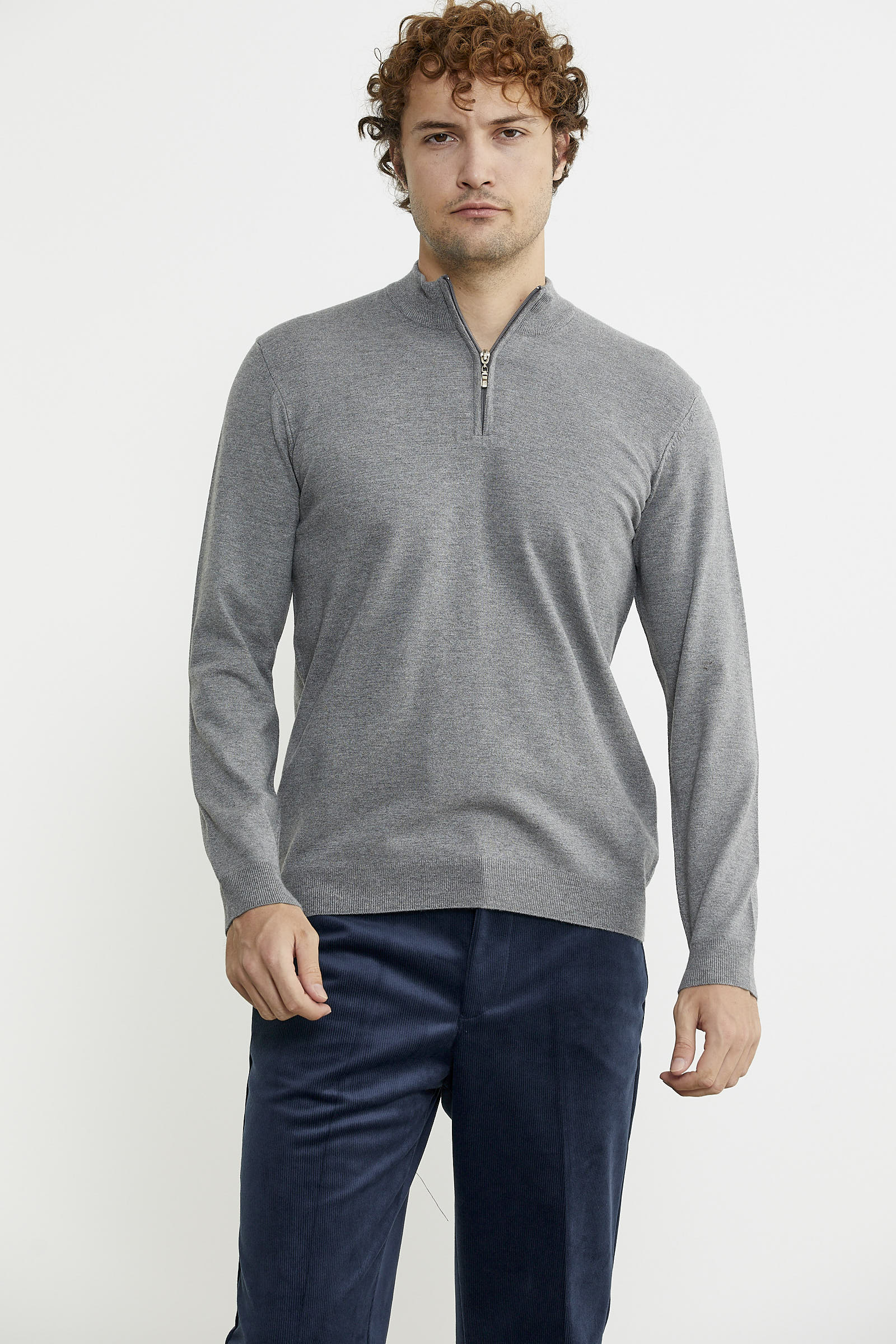 Dik Yaka Fermuarlı Triko Kazak - Gri - Sementa