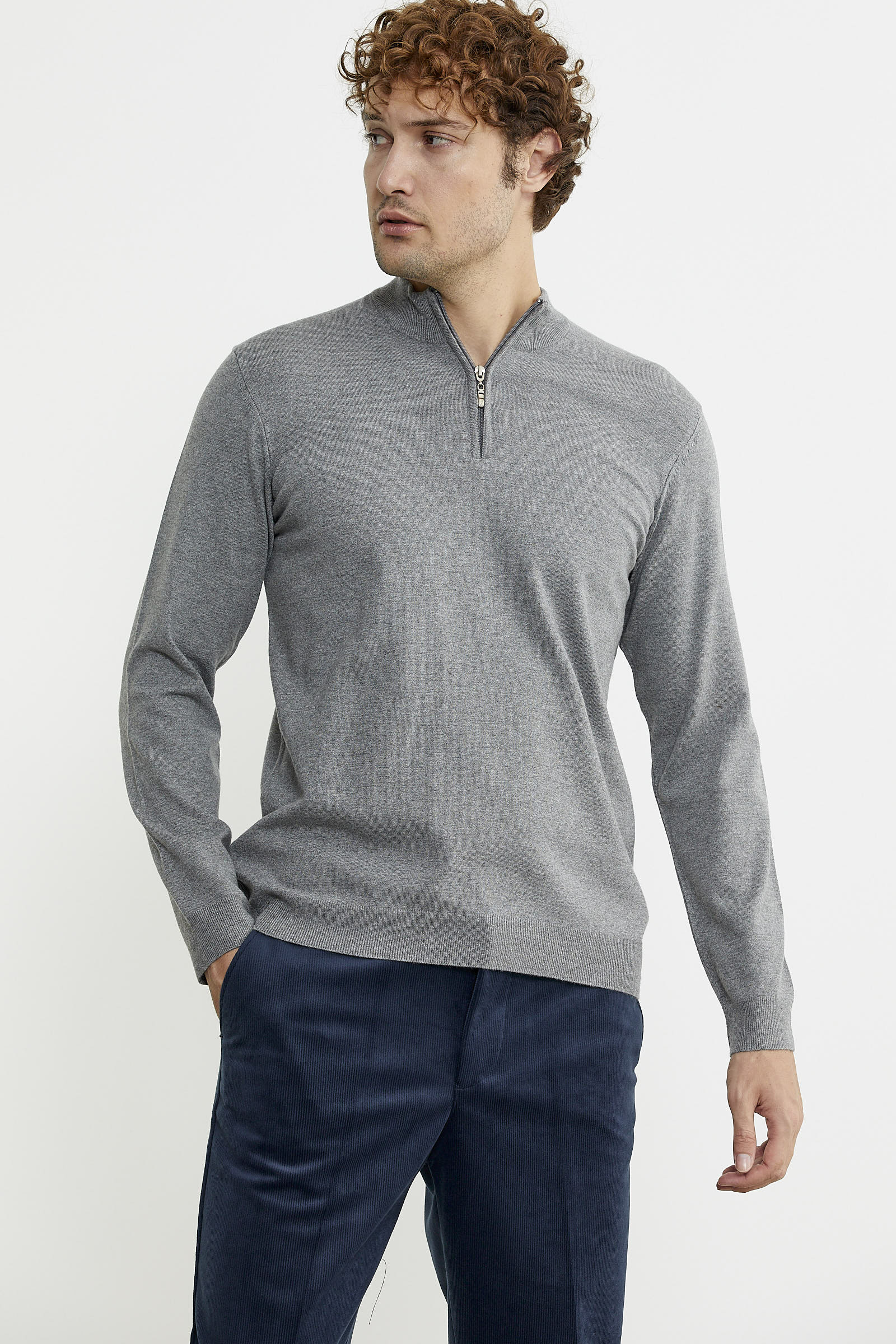 Dik Yaka Fermuarlı Triko Kazak - Gri - Sementa