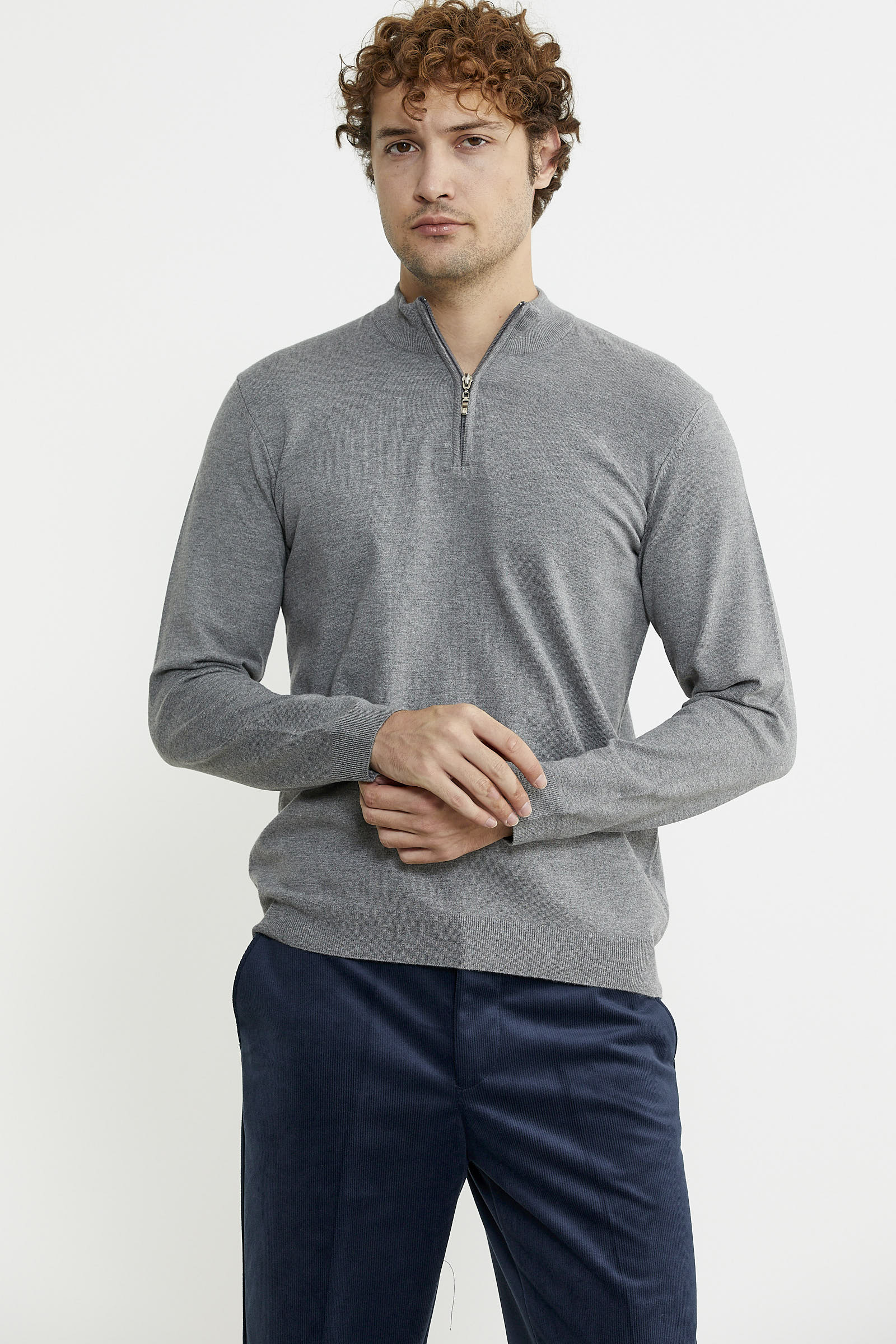 Dik Yaka Fermuarlı Triko Kazak - Gri - Sementa