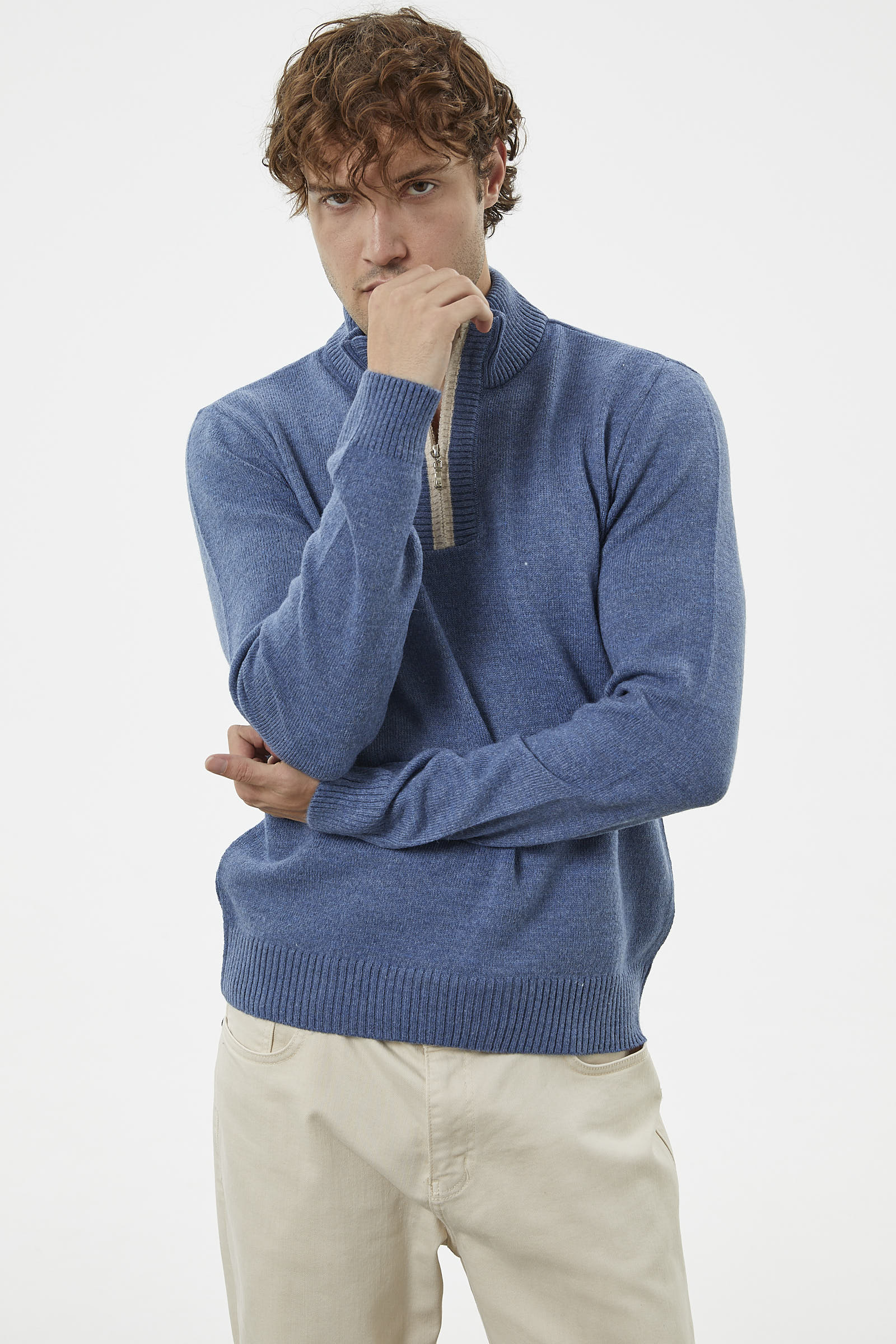 Dik Yaka Fermuarlı Triko Kazak - Indigo (2) Sementa