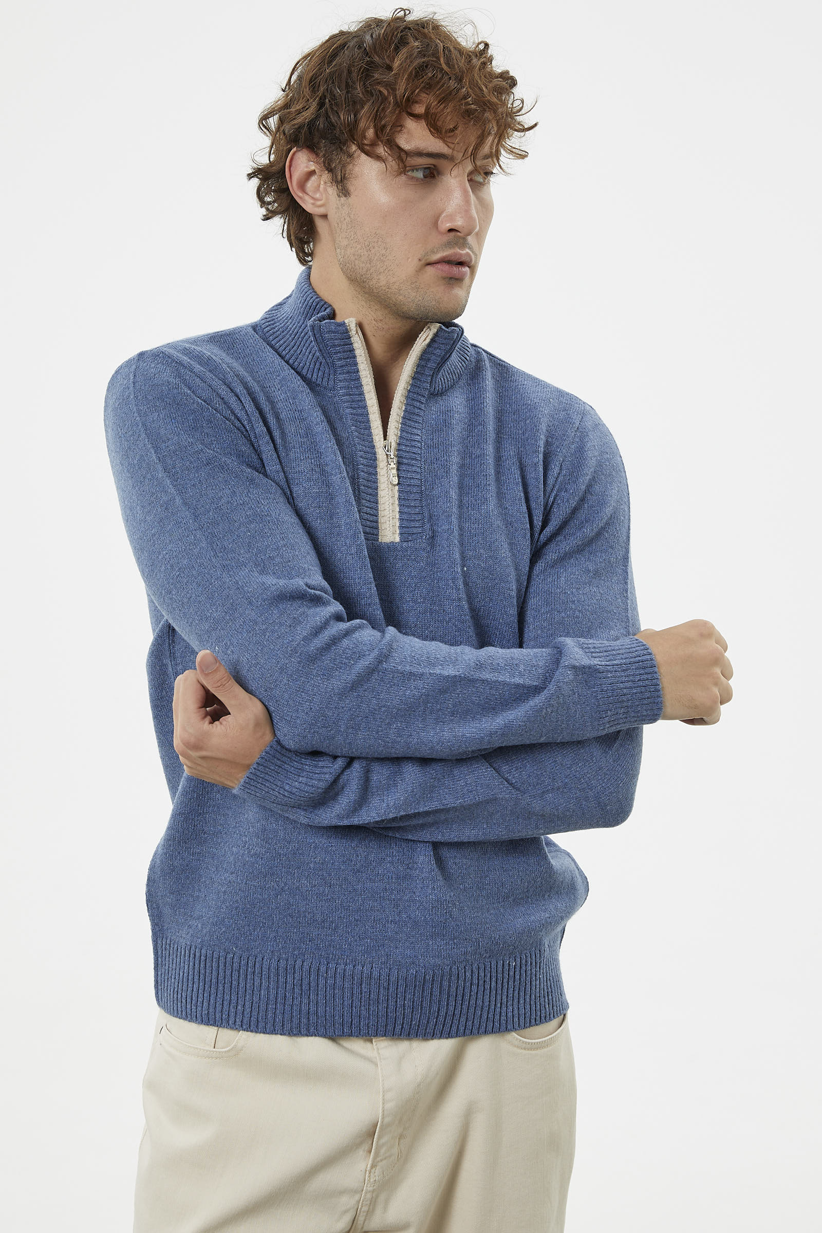 Dik Yaka Fermuarlı Triko Kazak - Indigo (3) Sementa