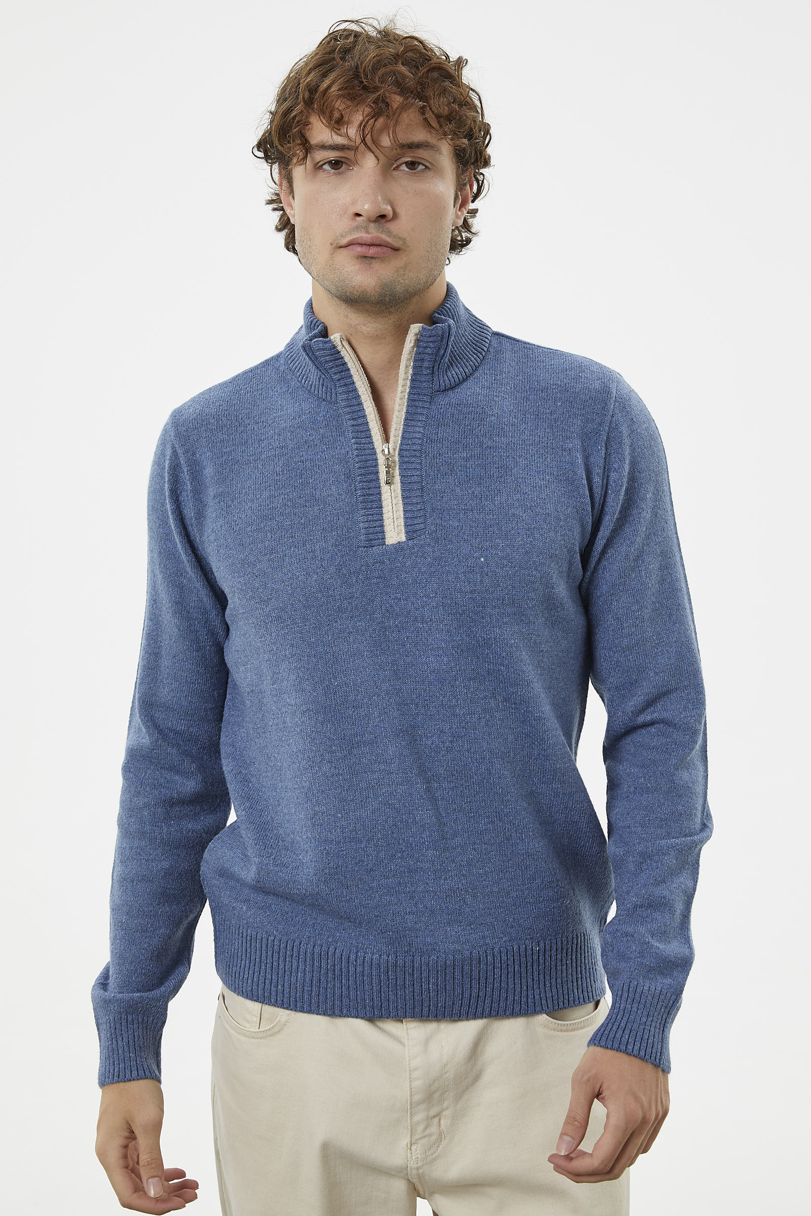 Dik Yaka Fermuarlı Triko Kazak - Indigo (4) Sementa